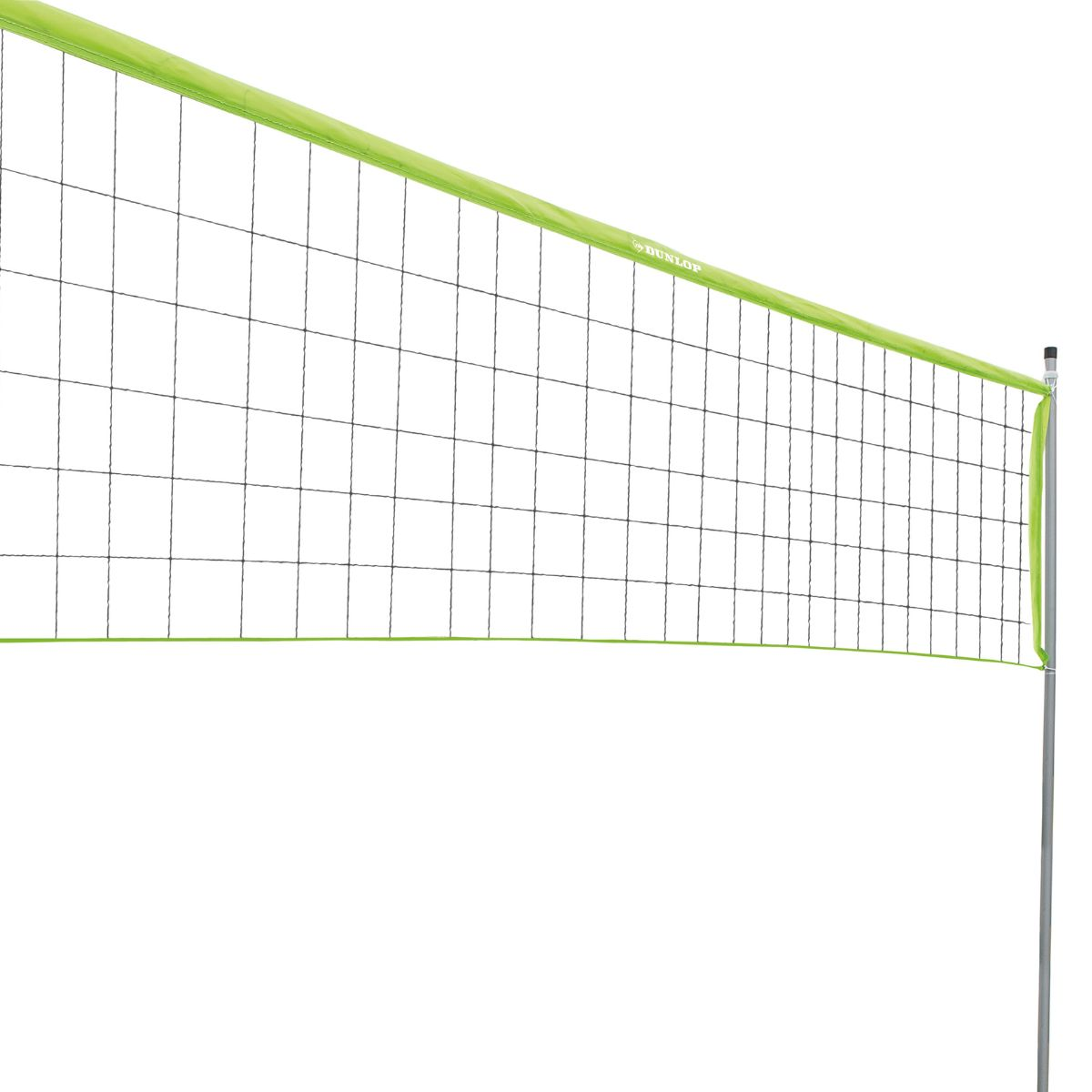 A green volleyball net with black netting and silver poles.