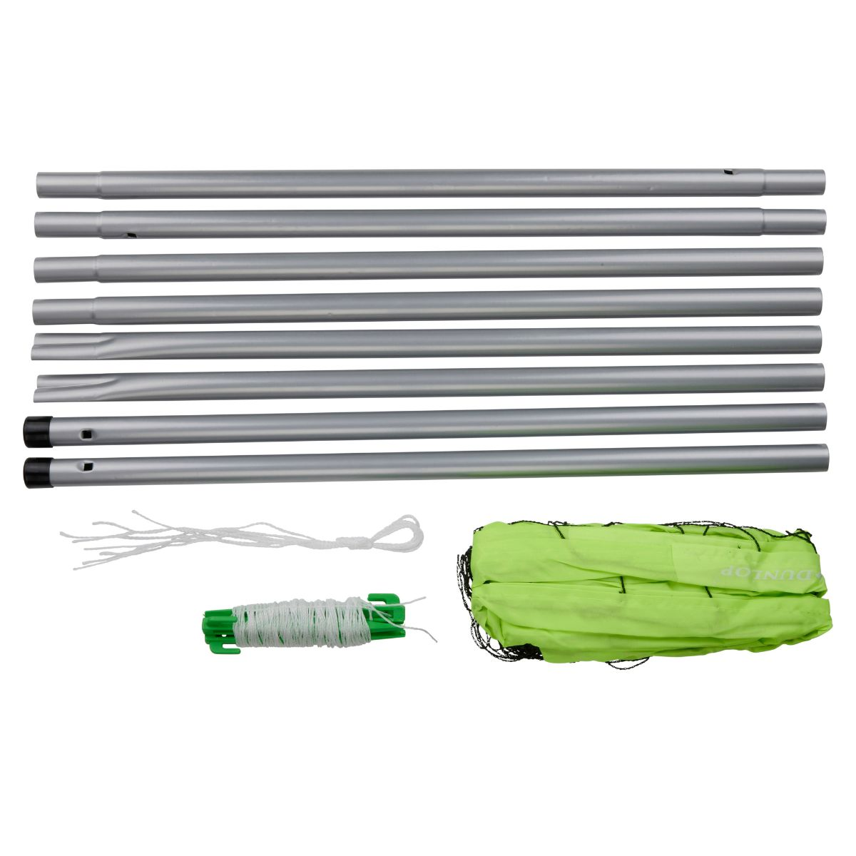 Silver poles, white rope, and a folded green net are laid out on a white background.