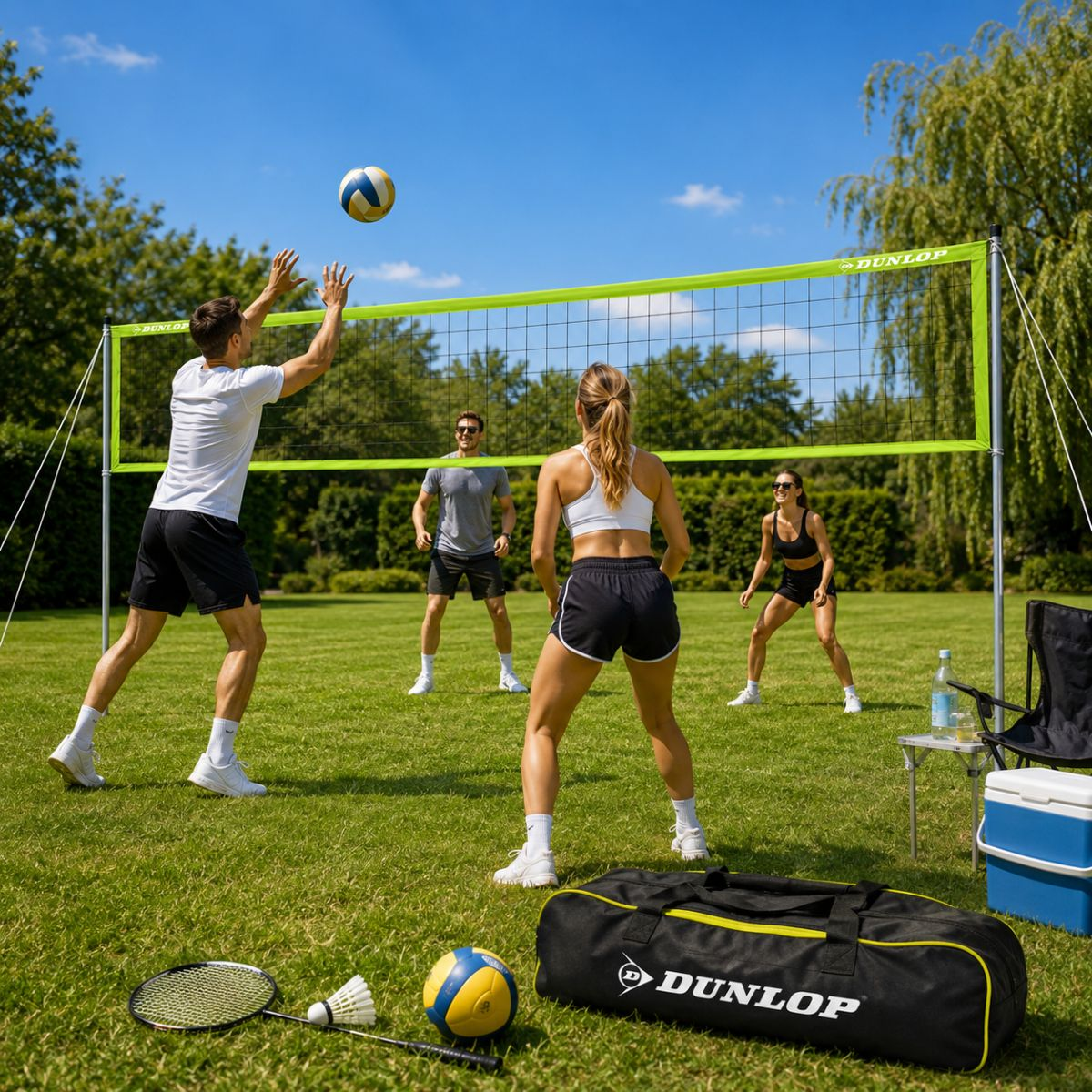 Four people play volleyball outdoors on grass with a volleyball net.