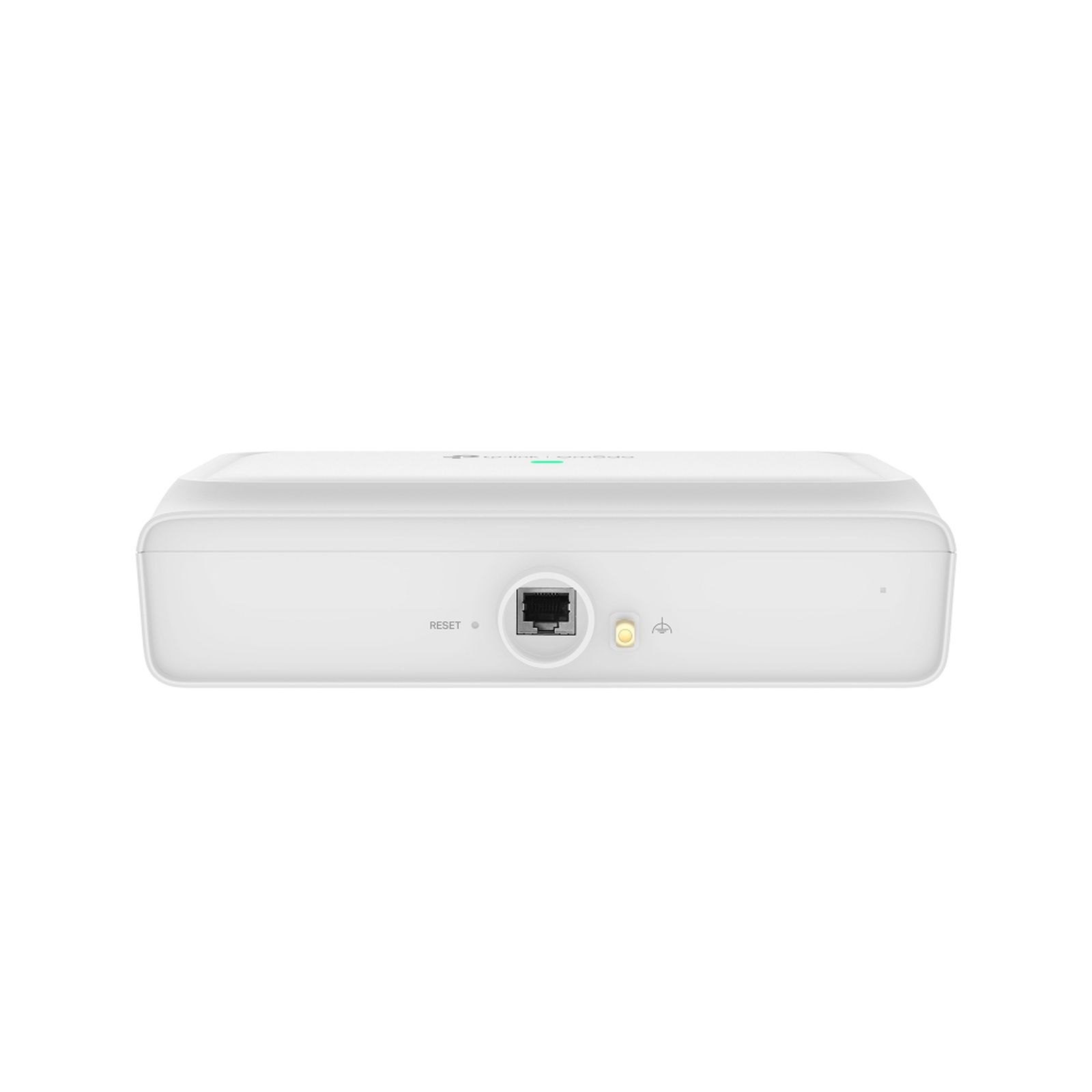 Biały punkt dostępowy TP-Link Omada z przyciskiem reset, portem Ethernet i wskaźnikami.