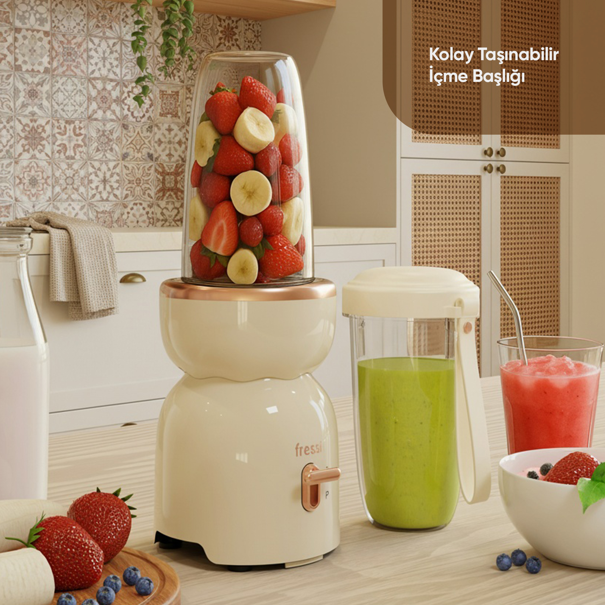 Mutfak tezgahında meyveli, smoothie'li ve yemişli blender.