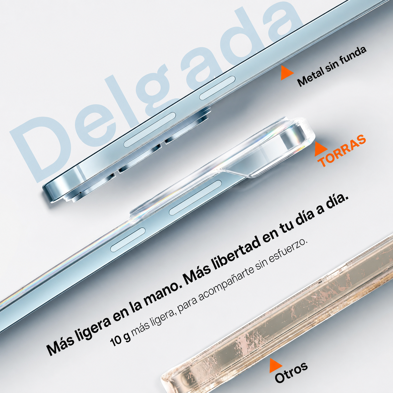 Trois coques de téléphone, une transparente et deux en métal, sur fond blanc.