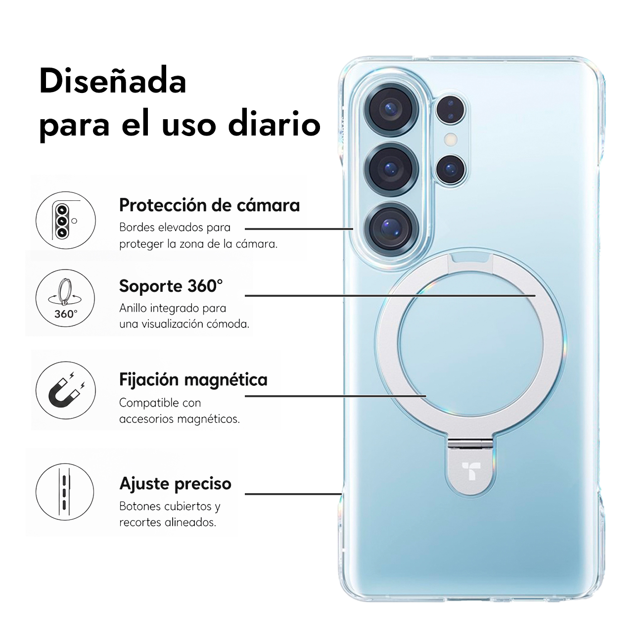Coque de téléphone transparente avec anneau, protection caméra et aimant.