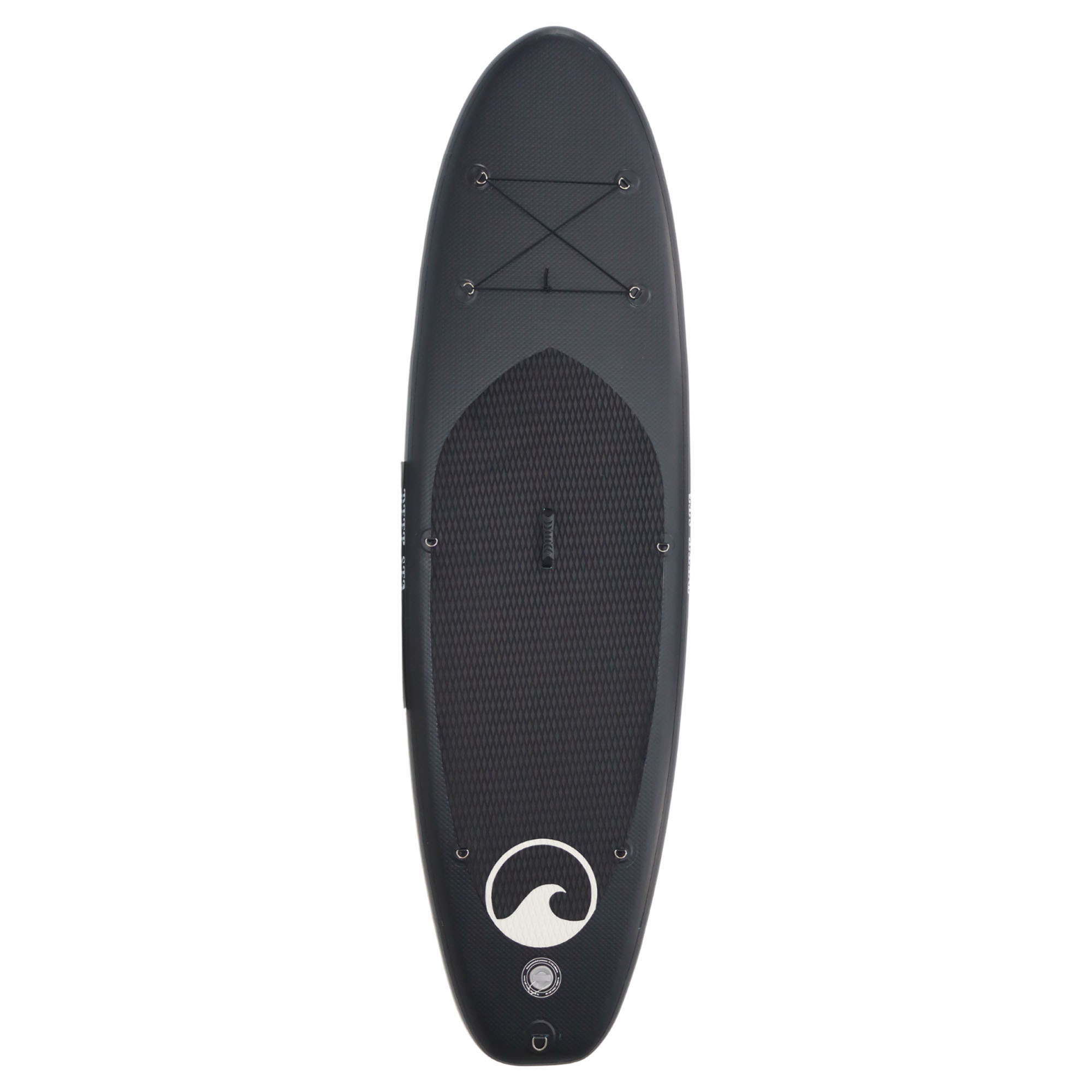 Schwarzes Stand-Up-Paddleboard mit Gurtband und Wellenlogo auf weißem Hintergrund.