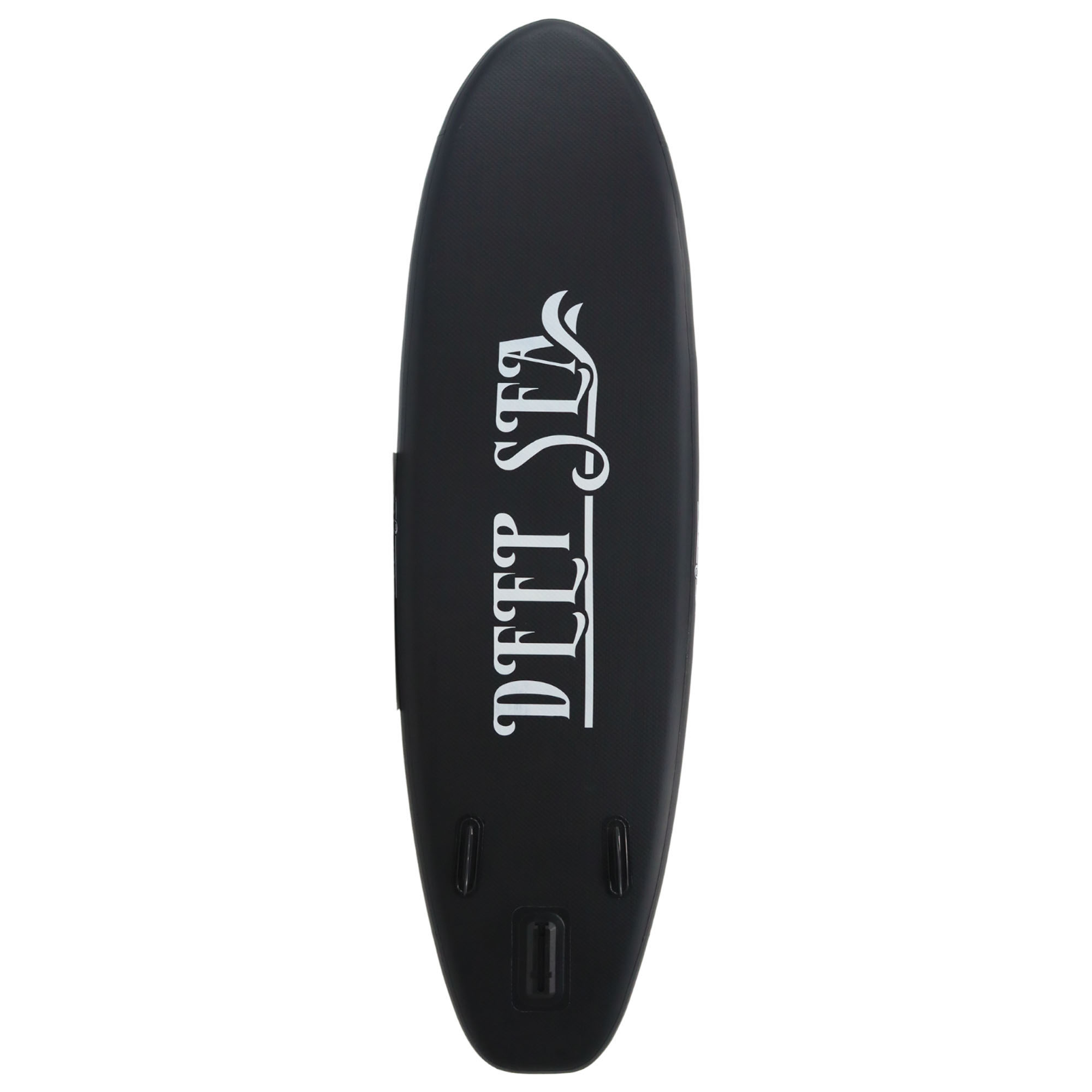 Schwarzes Paddleboard mit weißem Schriftzug 'DEEP SEA' und Befestigungspunkten.