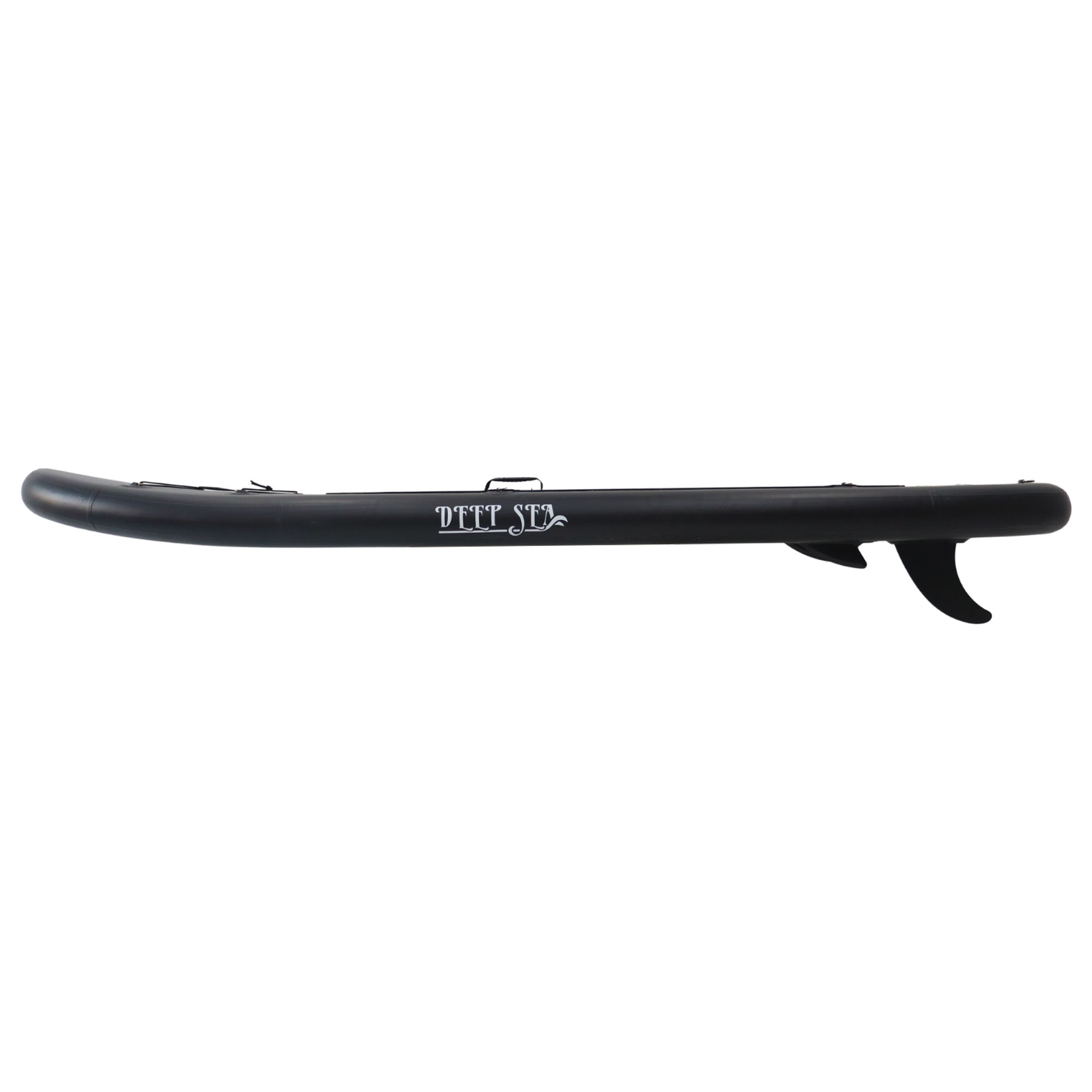 Schwarzes aufblasbares Stand-Up-Paddleboard mit DEEP SEA Logo und Finnen.