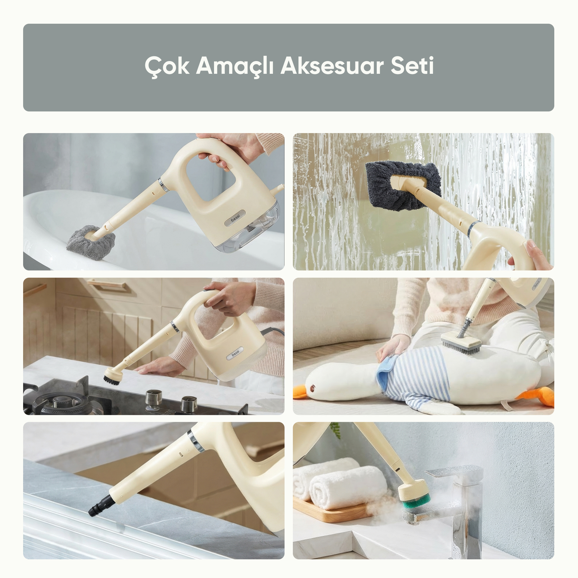 Banyo, mutfak ve pencere temizliğinde kullanılan çok amaçlı bir temizlik cihazı.
