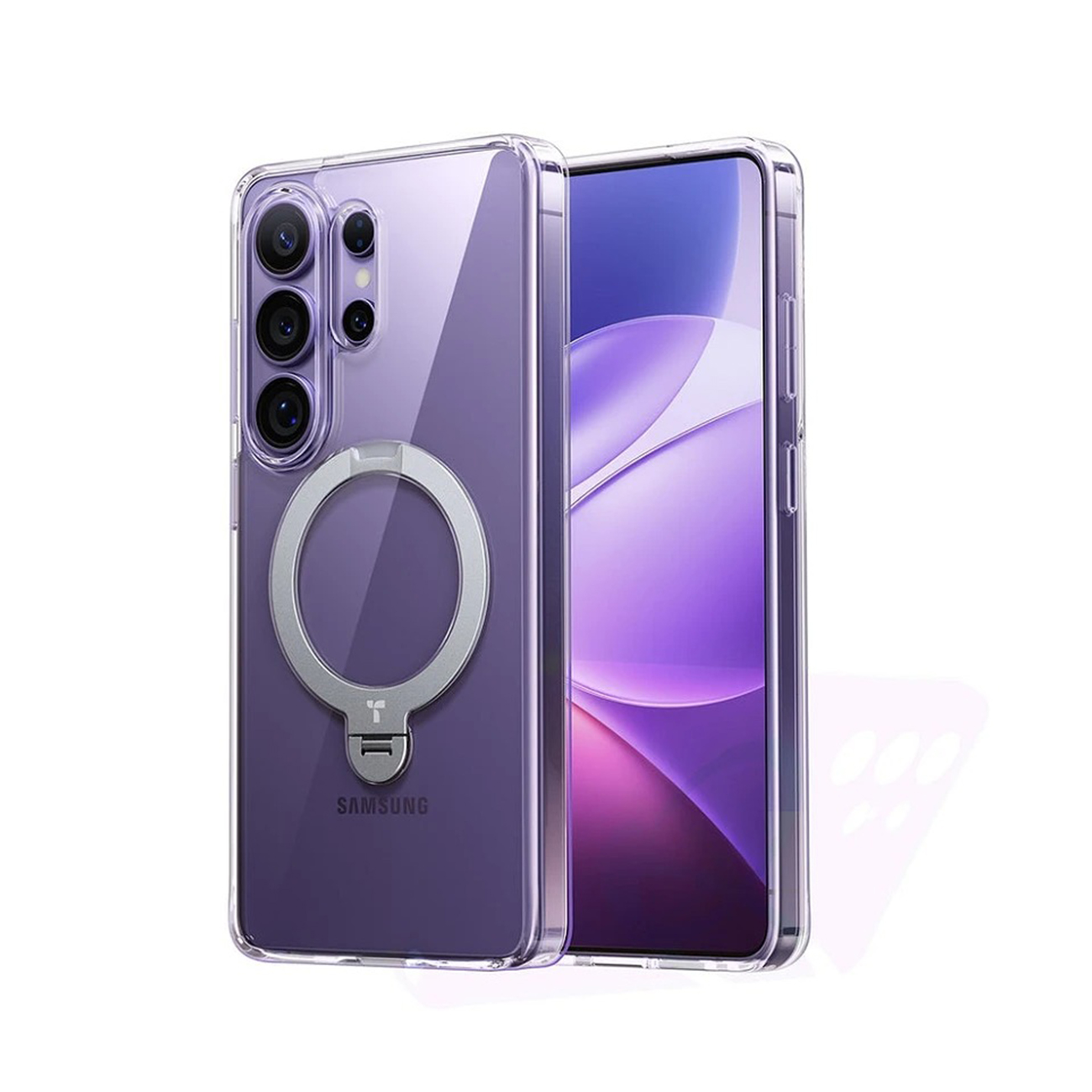Una funda transparente para teléfono con un anillo plateado en un teléfono Samsung morado.