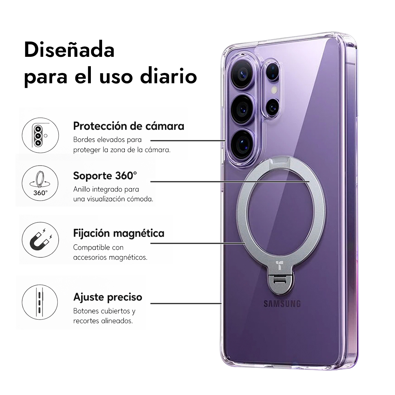 Funda morada Samsung con soporte de anillo, protección de cámara y montaje magnético.