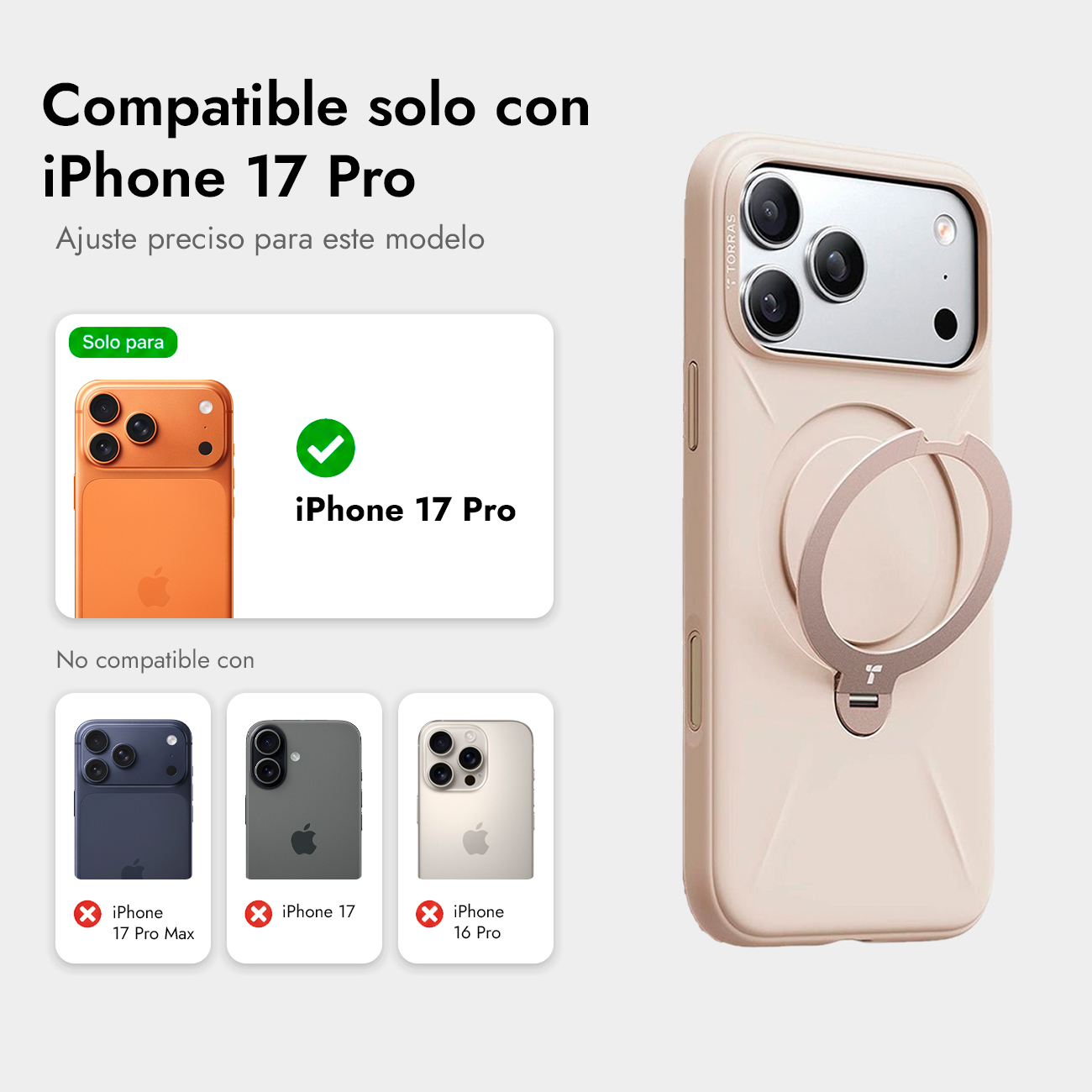 Compatible solo con iPhone 17 Pro. Un estuche beige claro con soporte de anillo.