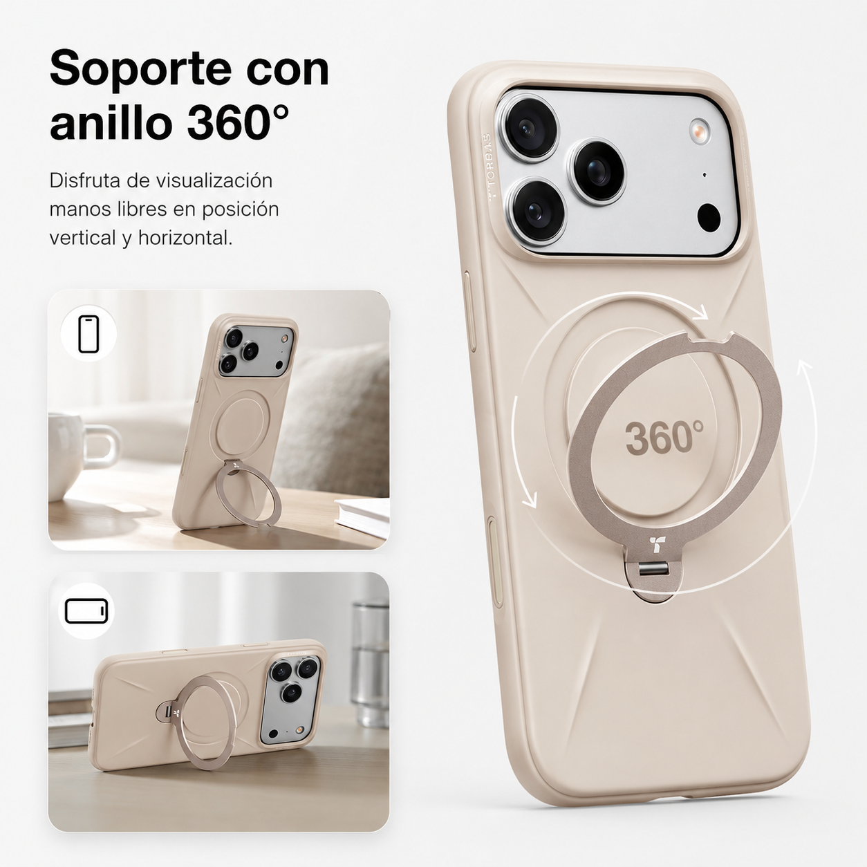 Una funda de teléfono beige con un soporte de anillo de 360 grados, en orientaciones vertical y horizontal.