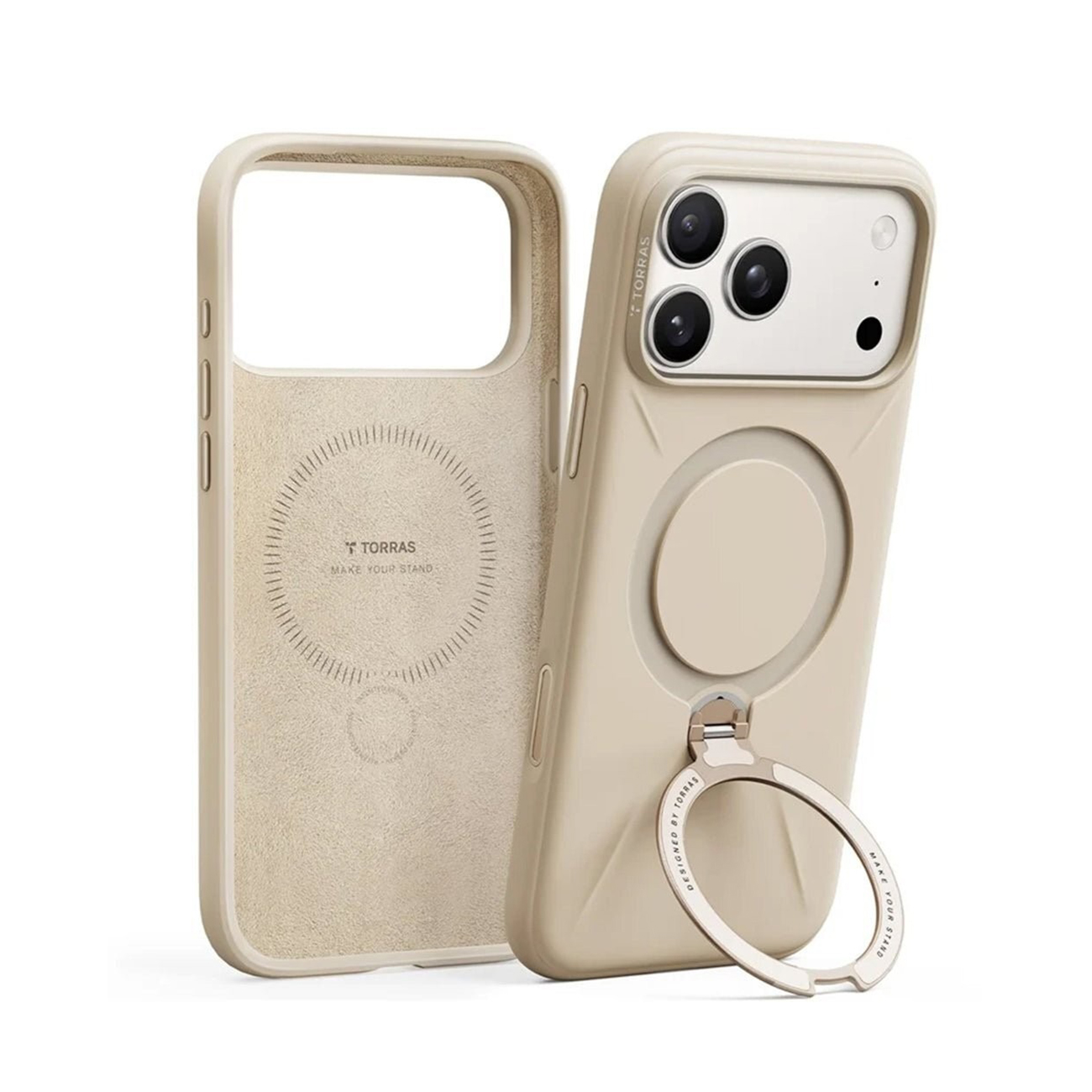 Dos fundas de teléfono beige. Una muestra el interior con marca, la otra el exterior con cámaras y anillo.