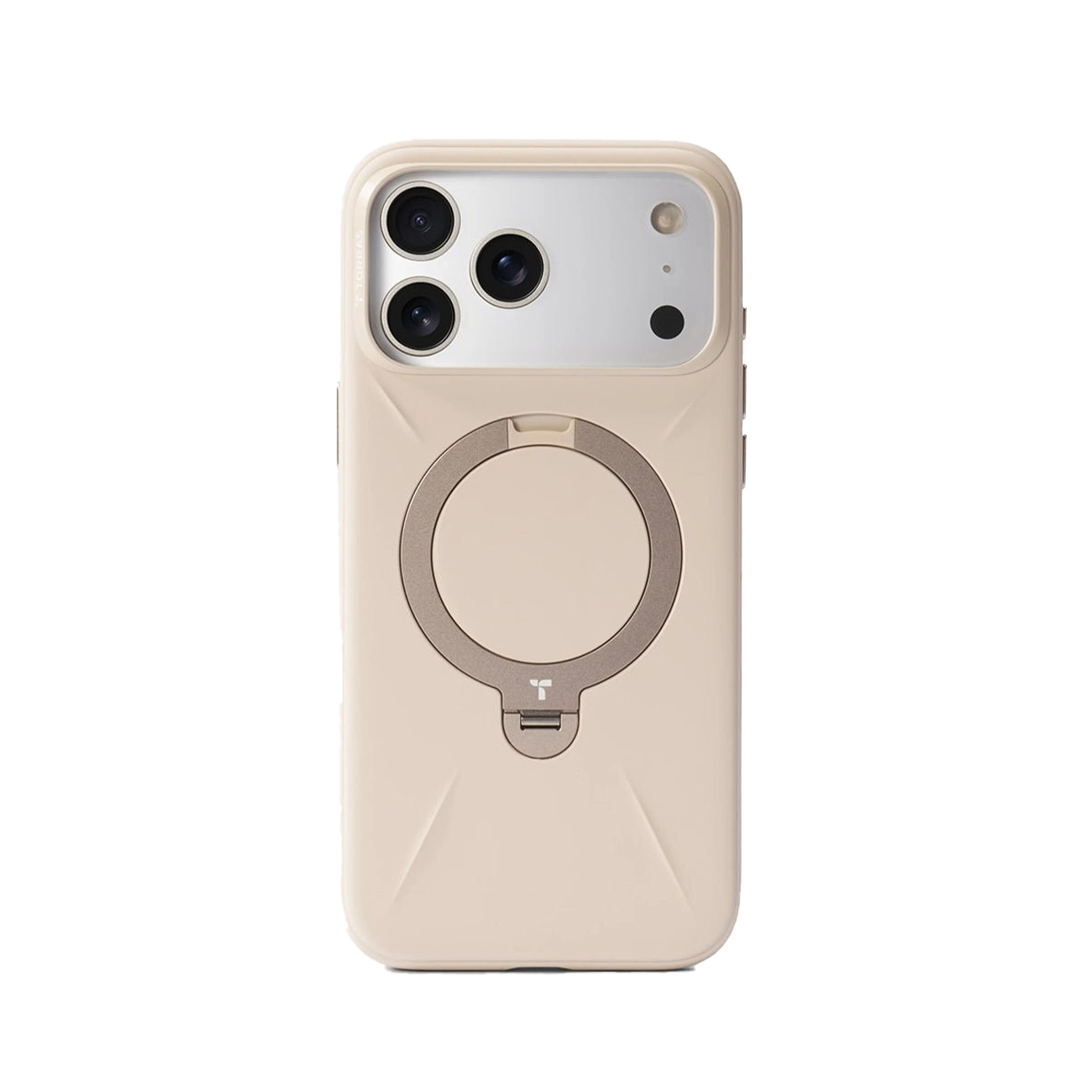 Una funda de teléfono beige con tres lentes de cámara y un soporte de anillo.