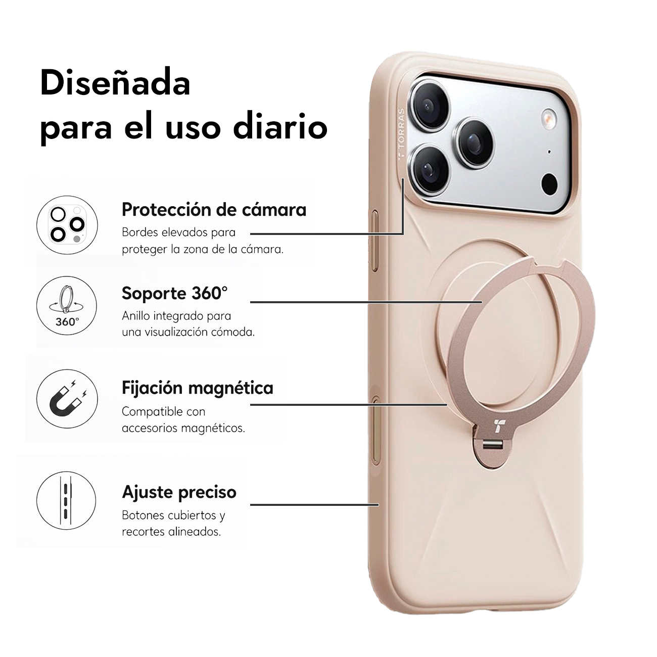 Una funda de teléfono beige claro con protección de cámara, soporte 360 y montura magnética.