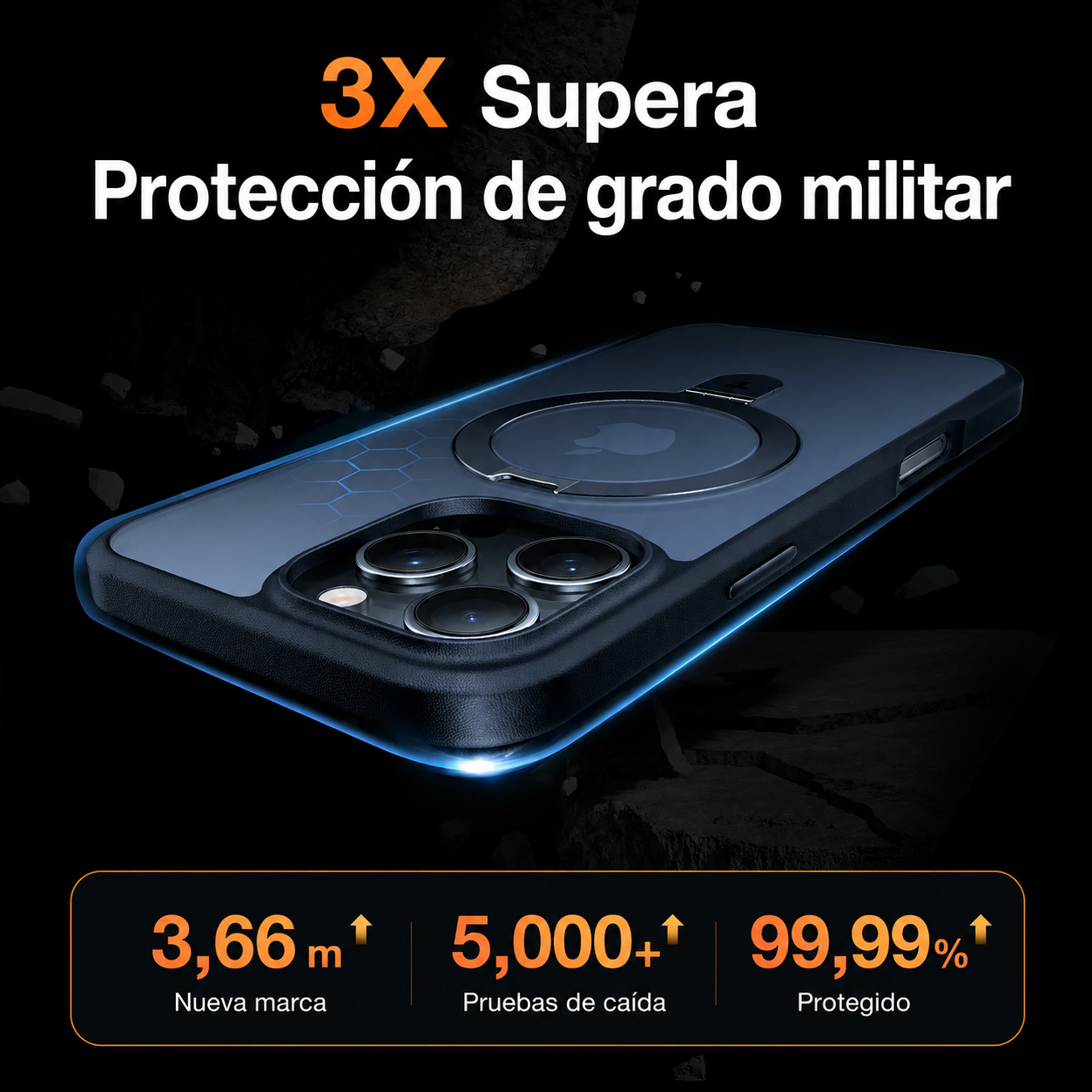 Funda negra para teléfono con anillo magnético. Supera protección grado militar. 3,66m, 5000+ caídas, 99,99% protegido.