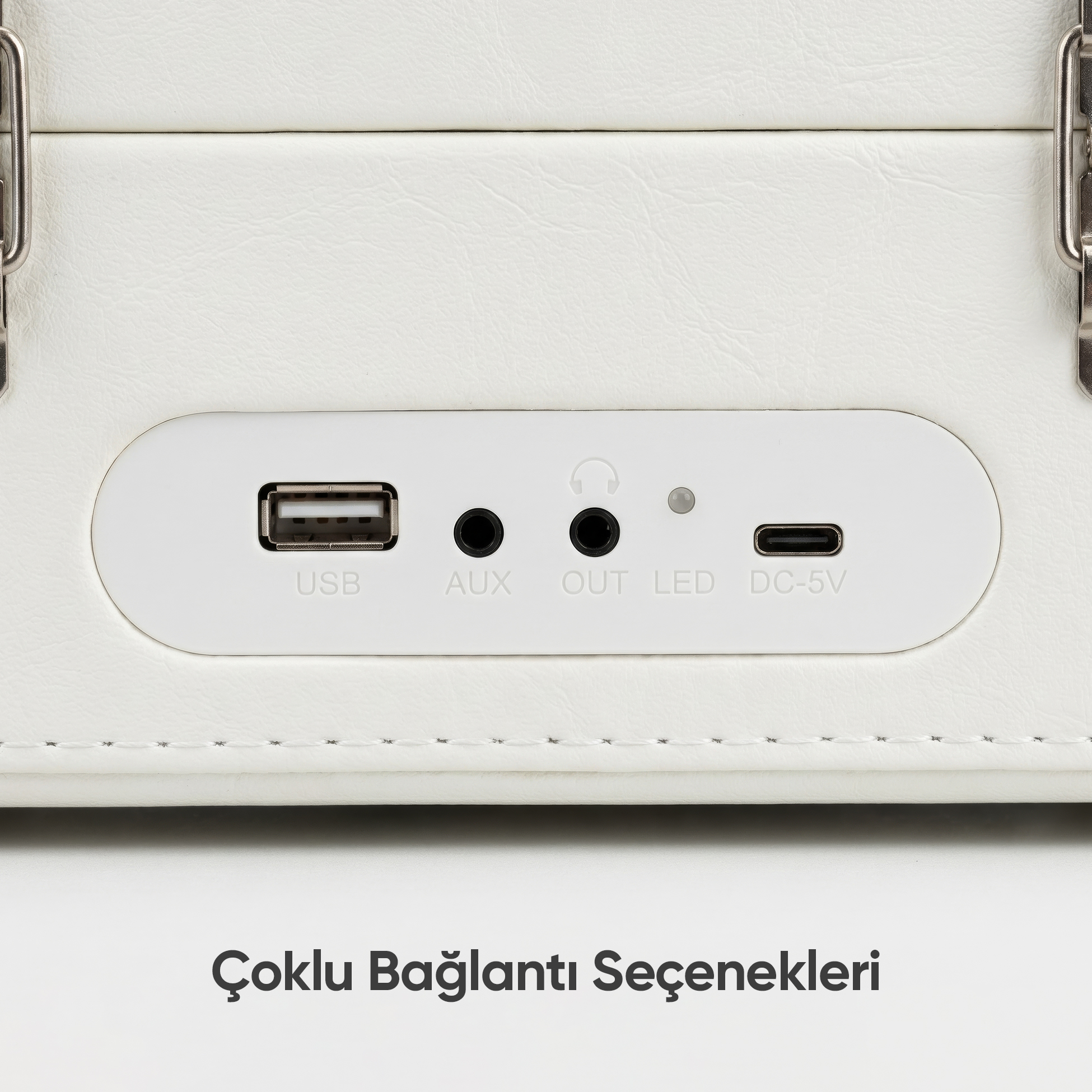 Portlu beyaz arka: USB, AUX, kulaklık, LED, DC-5V.