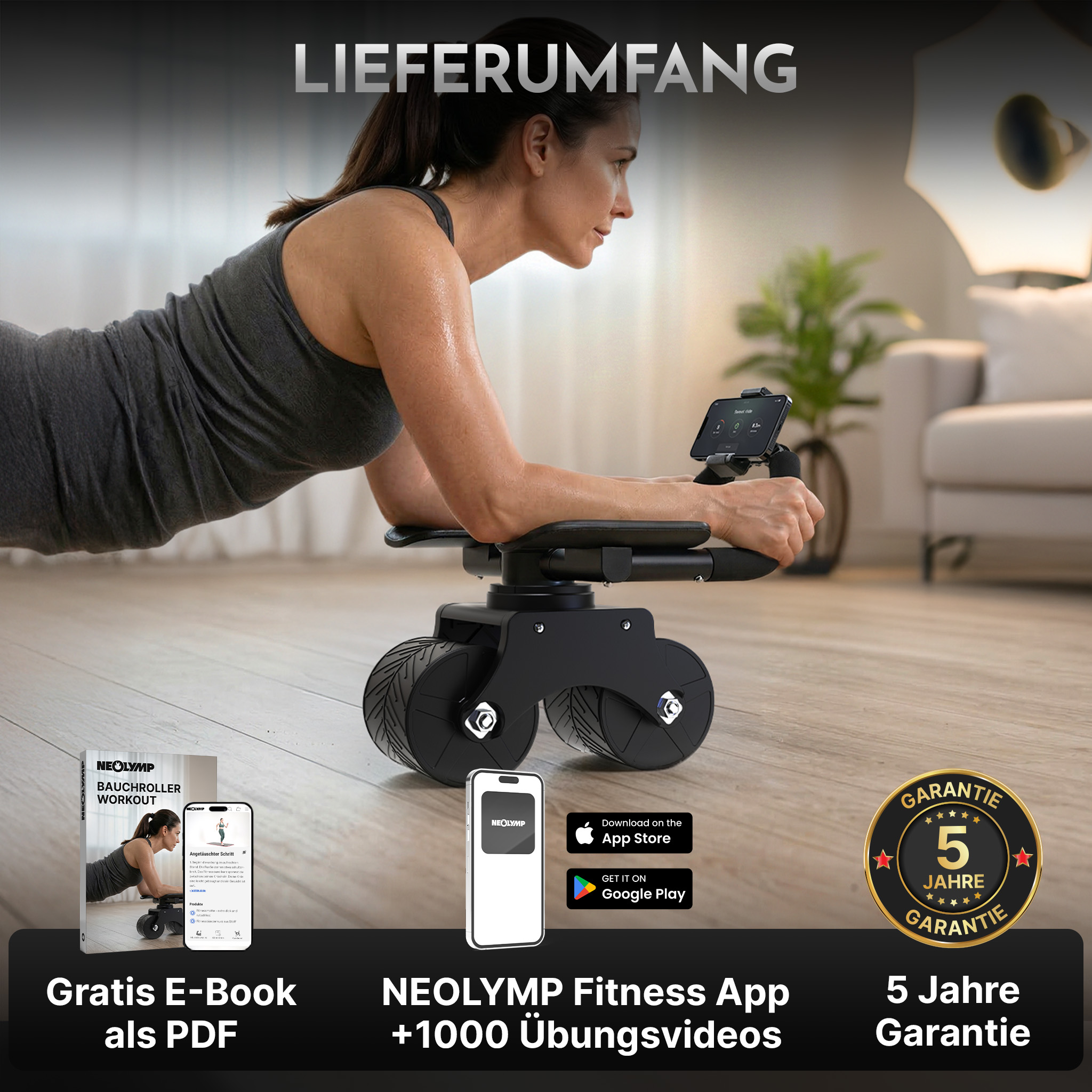 Frau macht Plank-Übung mit Bauchroller-Gerät. E-Book, App und Garantie.