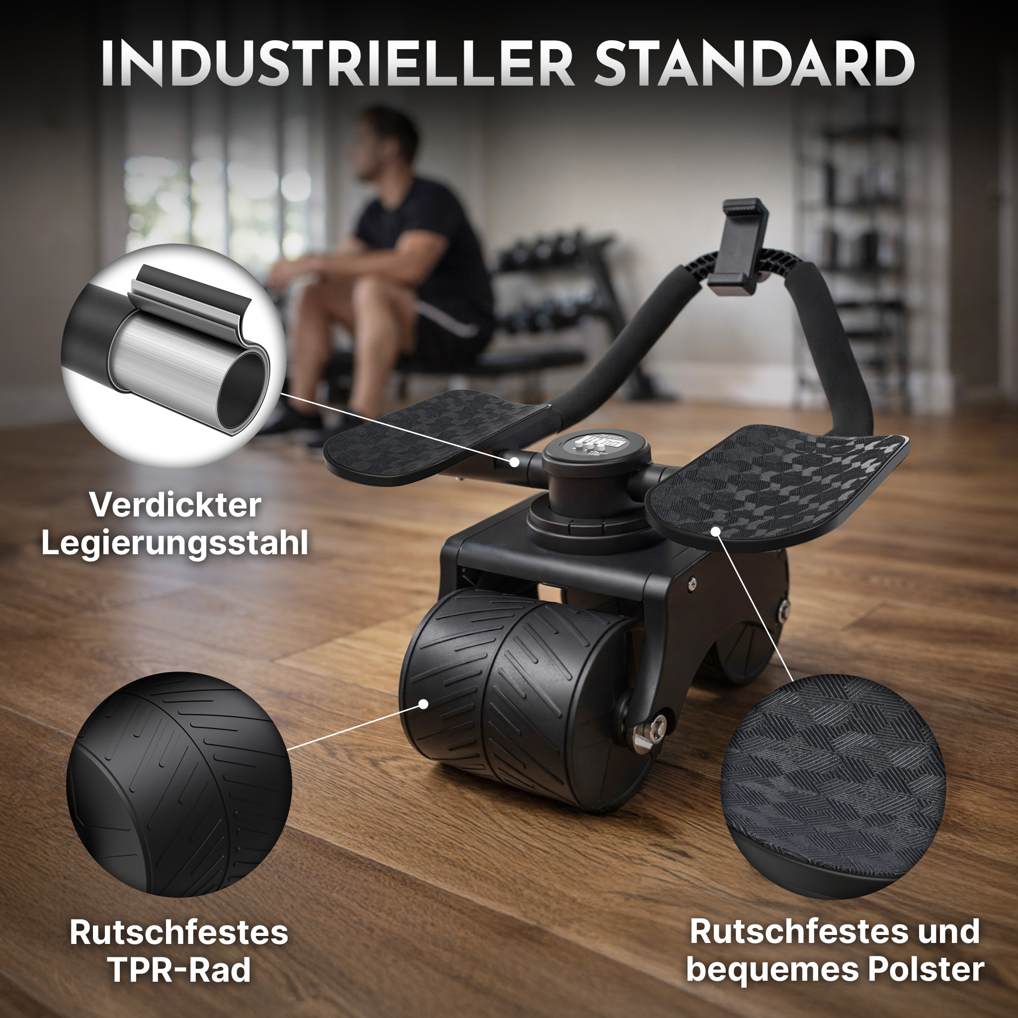 Rudergerät mit verstärktem Stahl, rutschfesten Rädern und Polster.