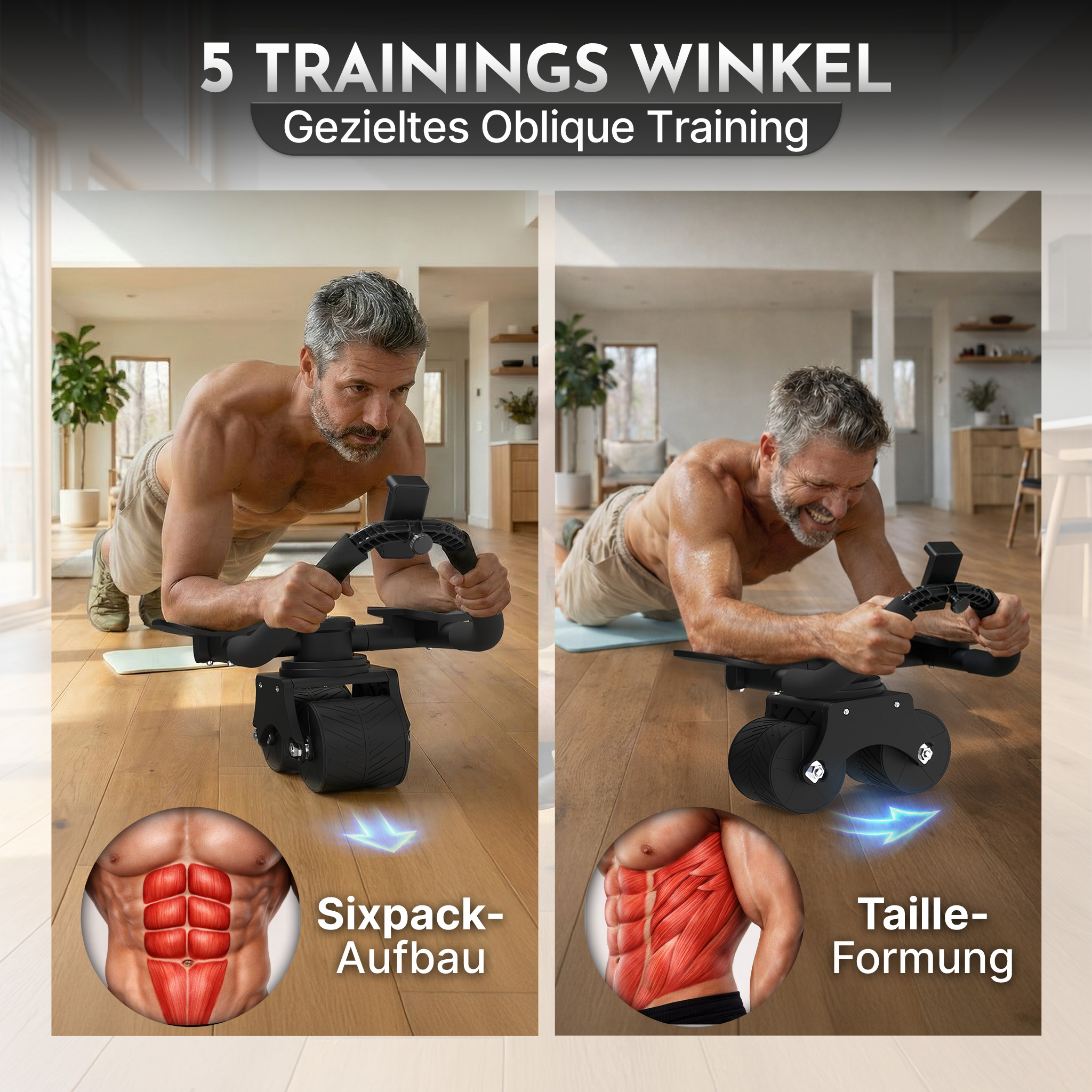 Mann macht Plank-Übungen mit einem Bauchtrainer. Muskel-Anatomie-Einlagen.
