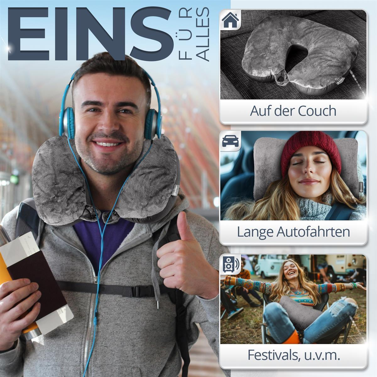 Mann mit Nackenkissen und Kopfhörern gibt Daumen hoch. Daneben: Nackenkissen auf Sofa, Frau im Auto, Festival.