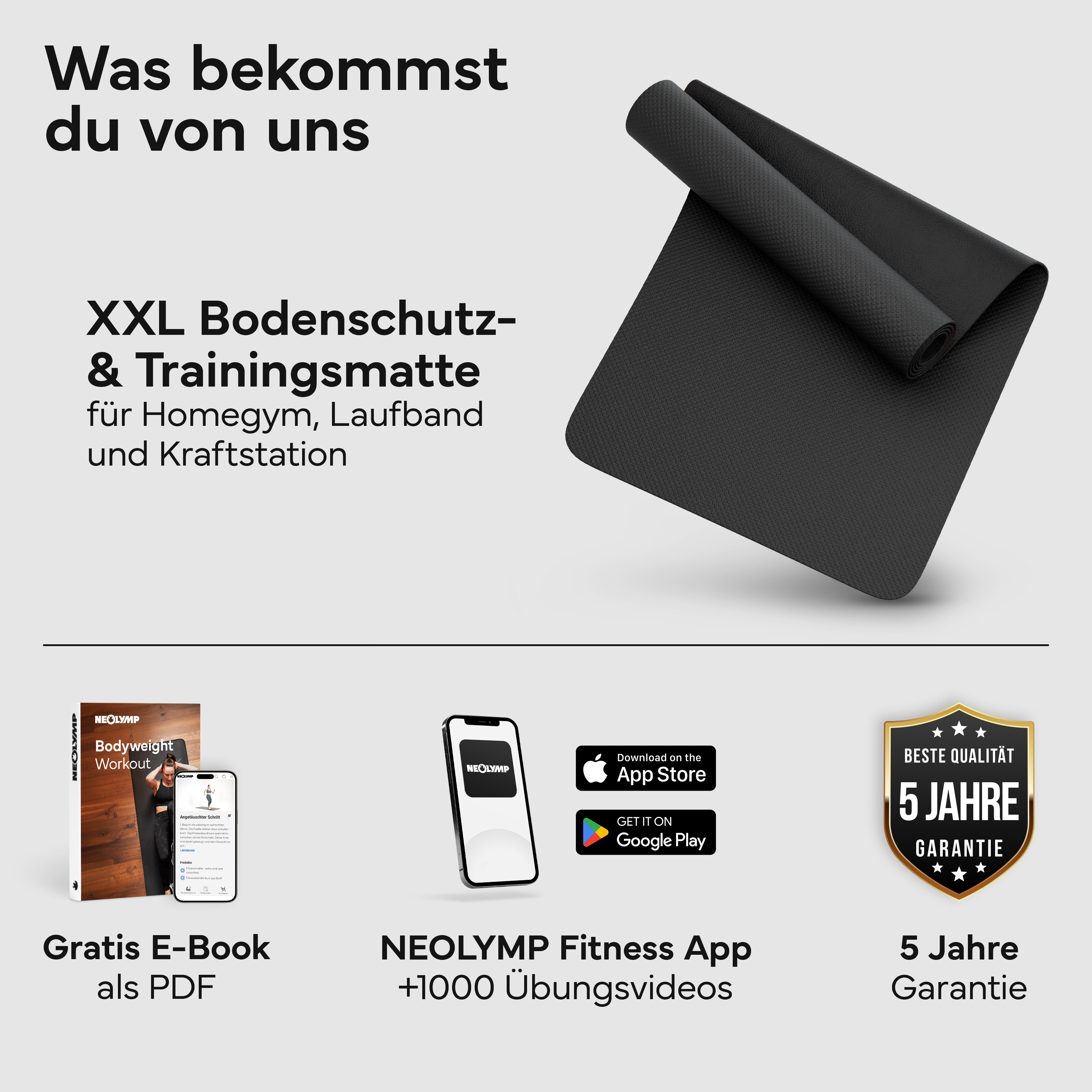 Schwarze Trainingsmatte, E-Book, App-Icons und 5-Jahre-Garantie-Siegel.