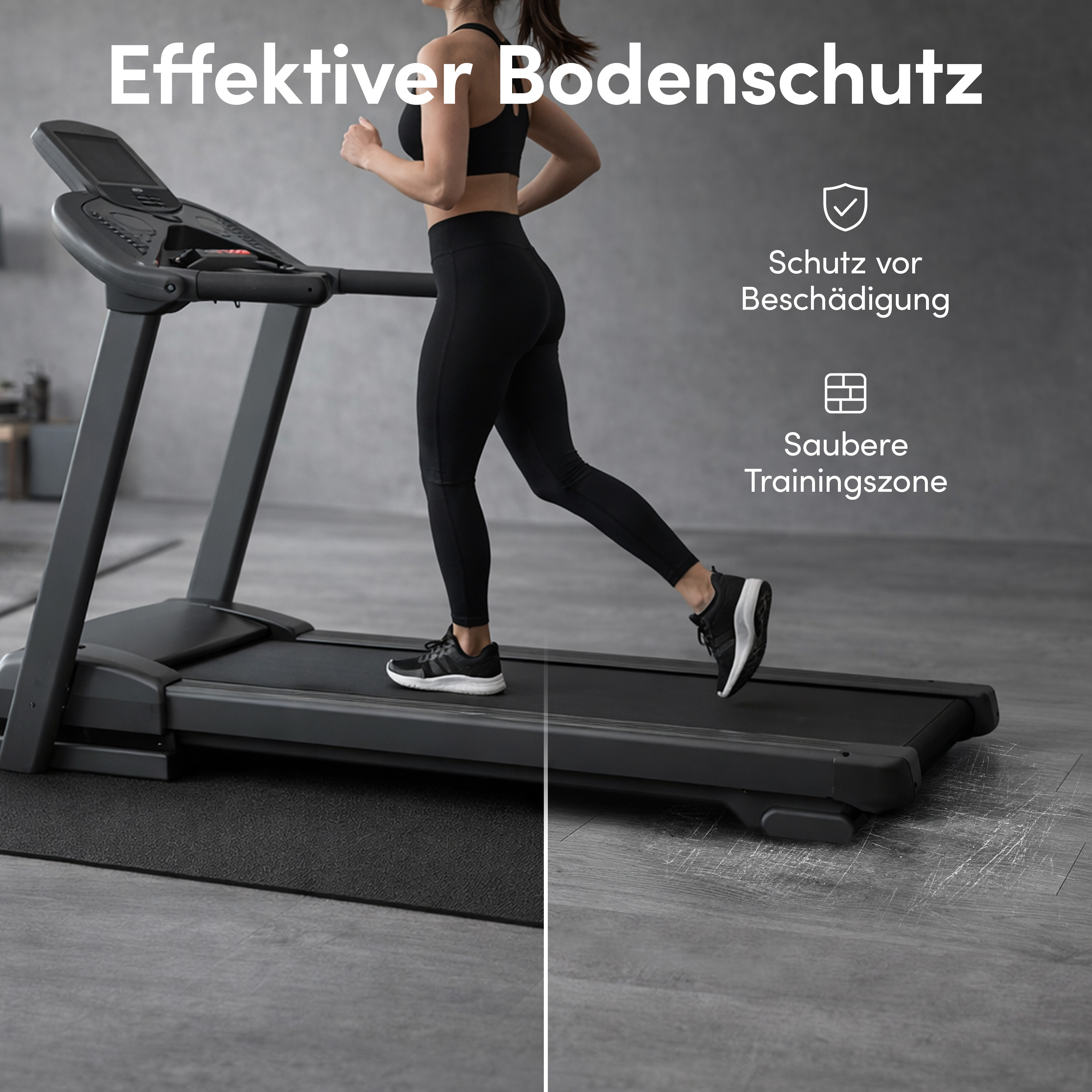 Frau auf Laufband, links mit Schutzmatte, rechts zerkratzter Boden.