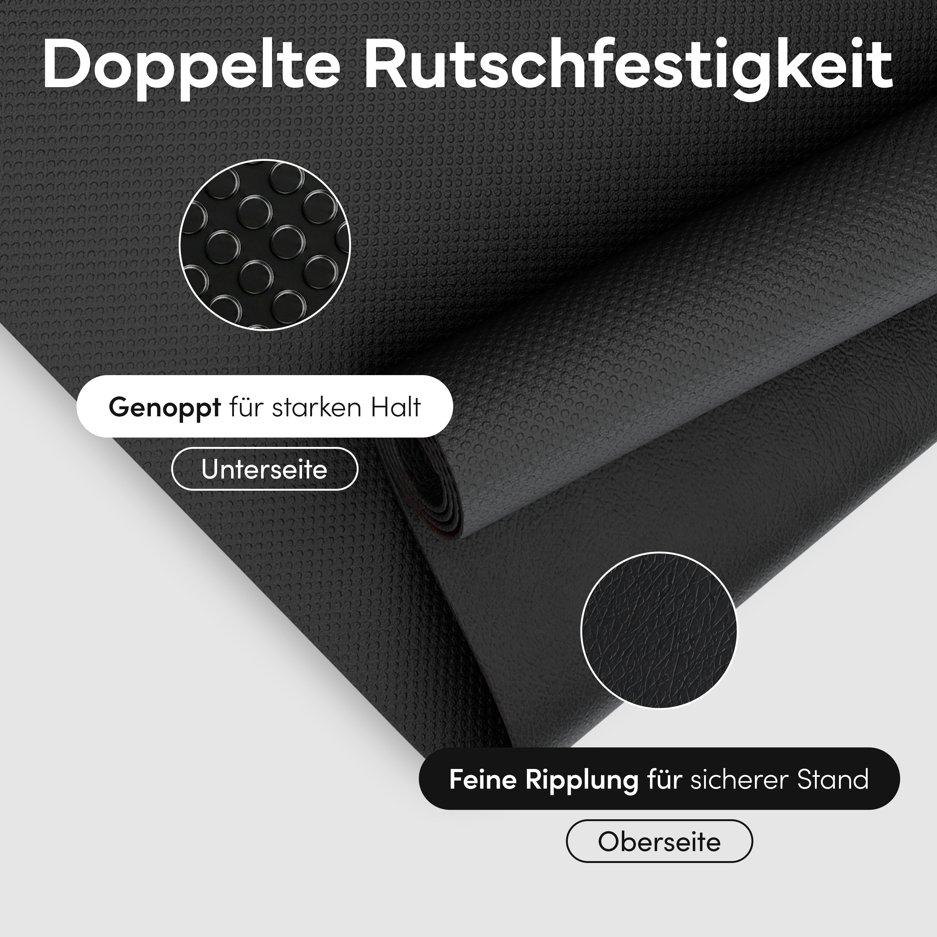 Schwarze Matte mit Noppen unten und Rippen oben für Rutschfestigkeit.