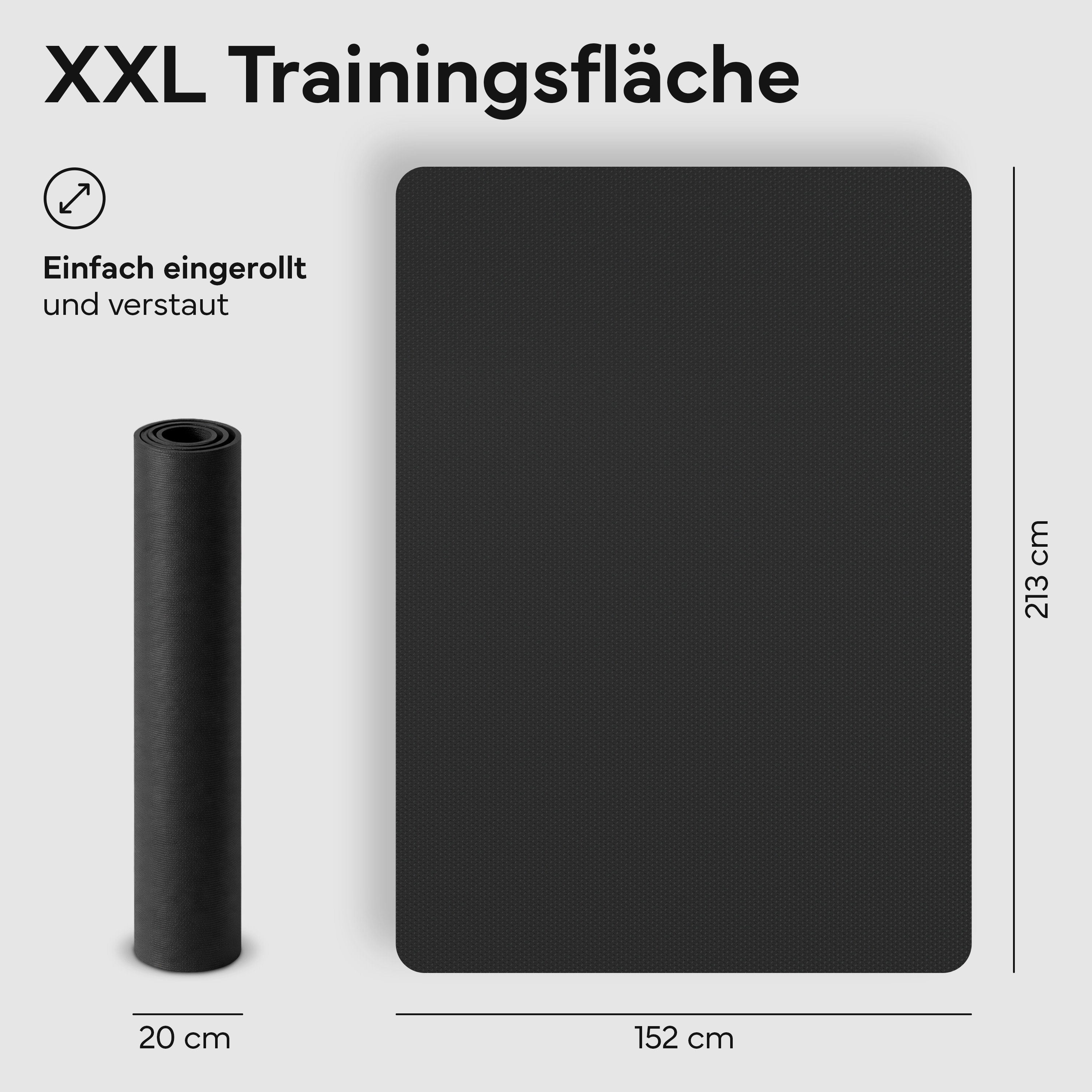 Schwarze Fitnessmatte, aufgerollt und entrollt, mit Maßen 20cm x 213cm und 152cm.