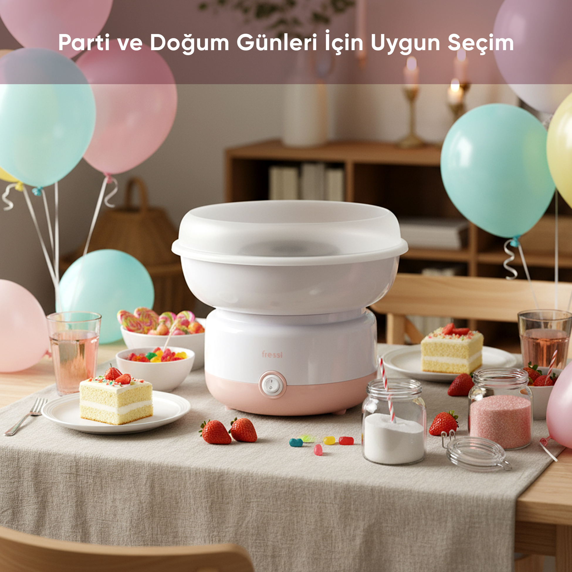 Pembe pamuk şeker makinesi, masa üzerinde kek, şeker ve balonlarla.