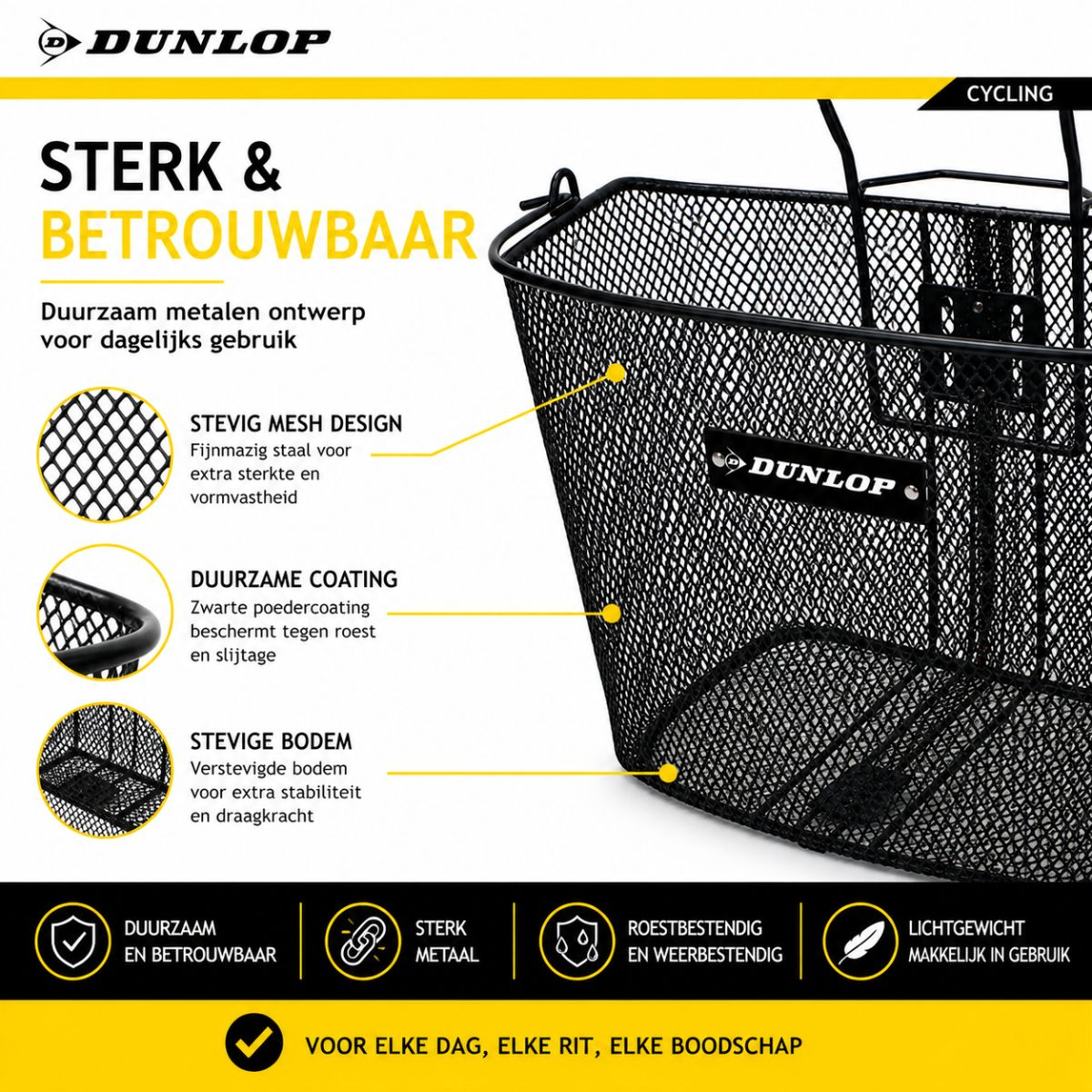 Zwarte metalen fietsmand met Dunlop logo, sterk en duurzaam.