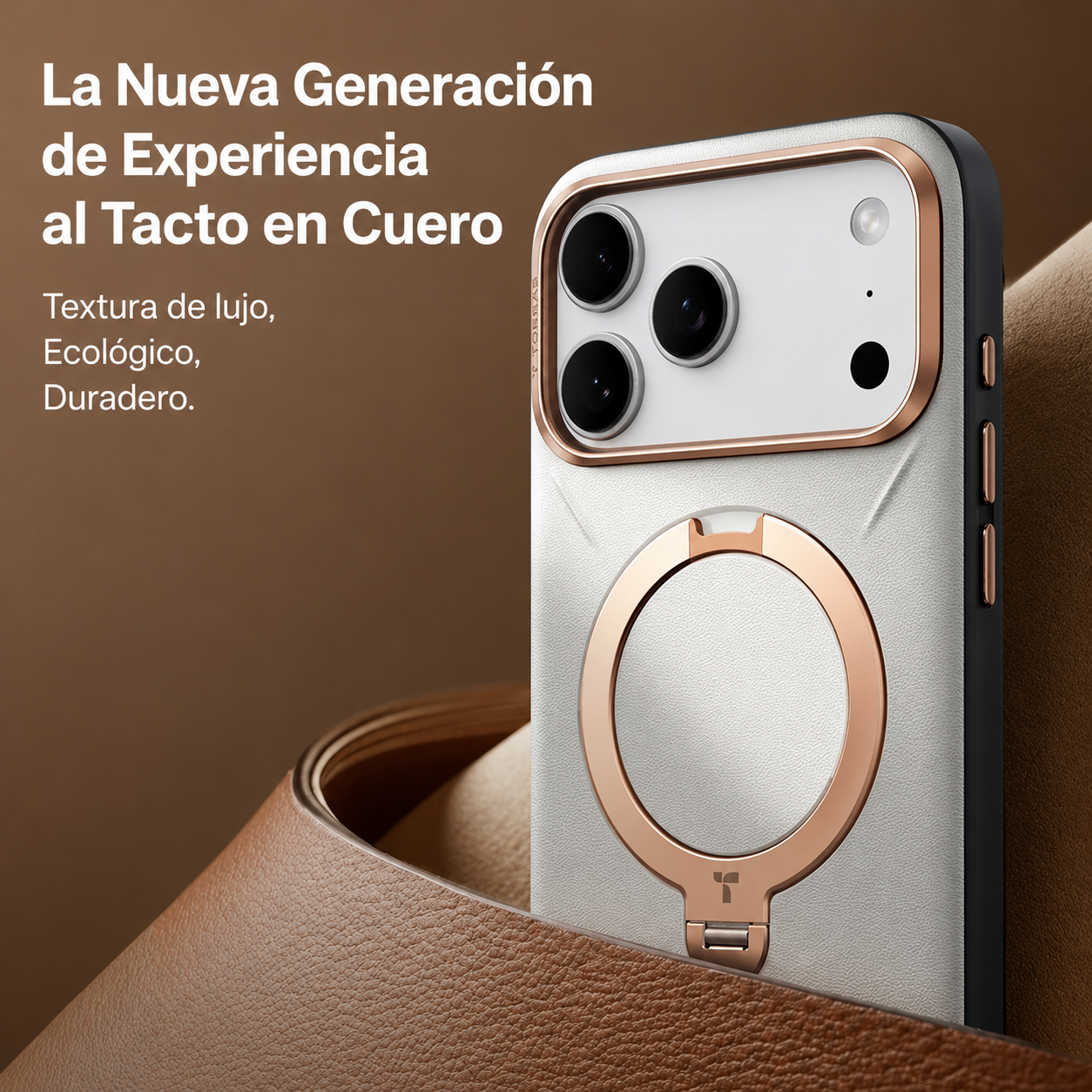 Funda blanca para móvil con marco oro rosa y soporte de anillo en cuero.