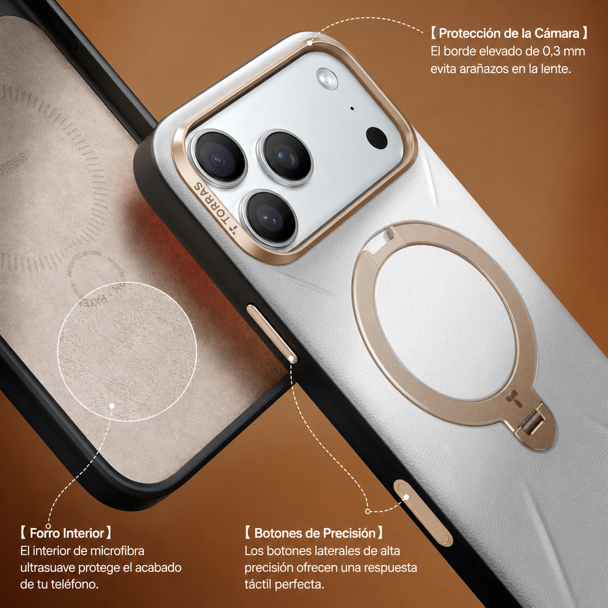 Funda blanca para teléfono con bisel dorado, soporte de anillo y forro de microfibra.