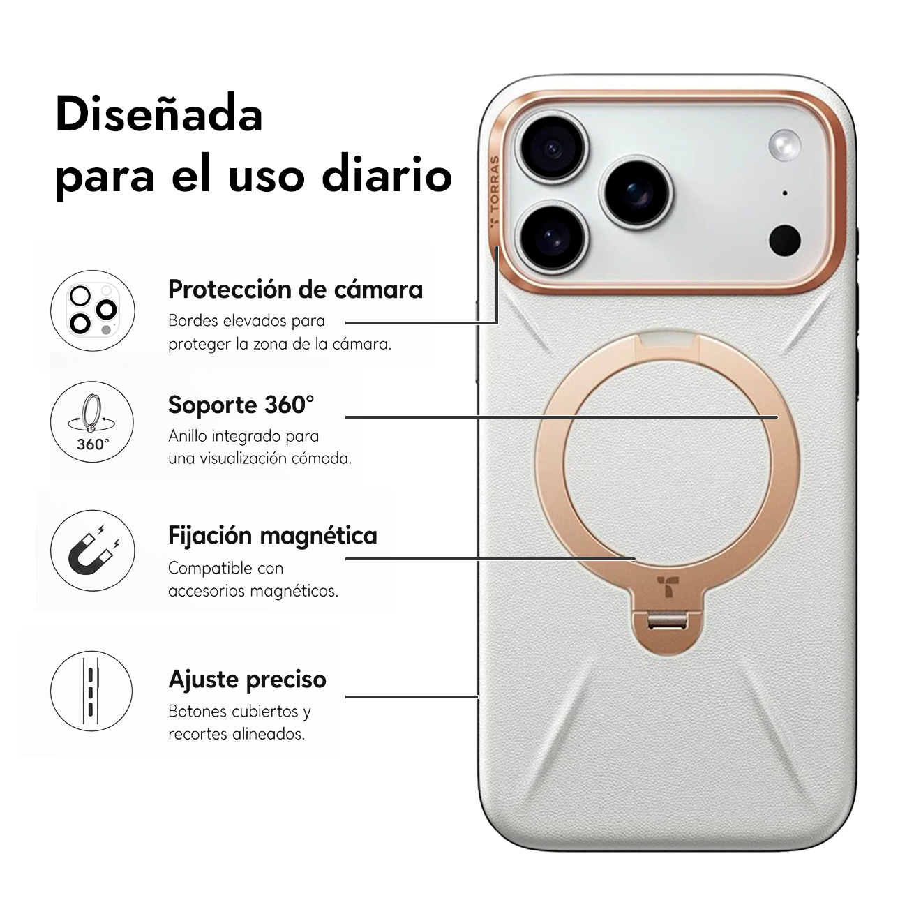 Funda blanca para móvil con protección de cámara, soporte 360°.