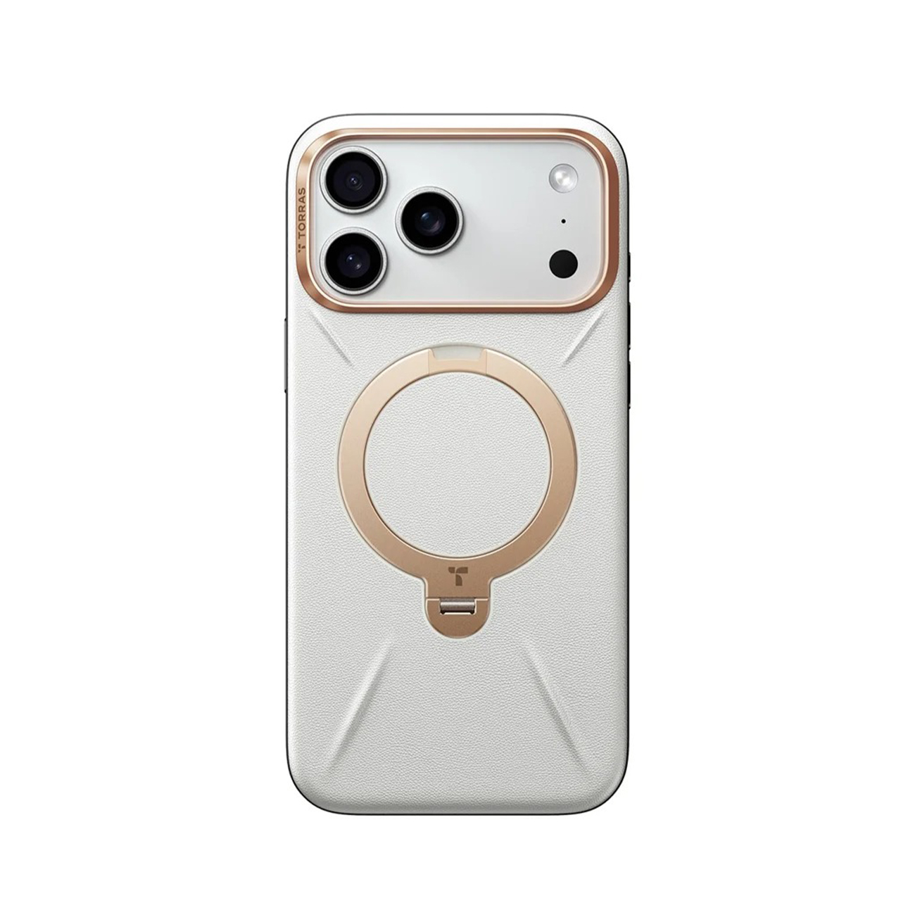 Funda blanca para teléfono con anillo dorado y módulo de cámara.