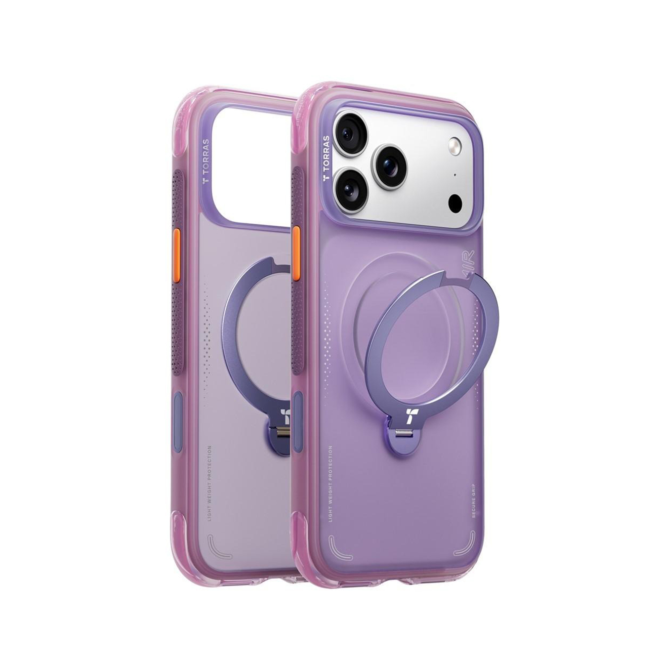 Dos fundas moradas transparentes para iPhone con soportes de anillo.