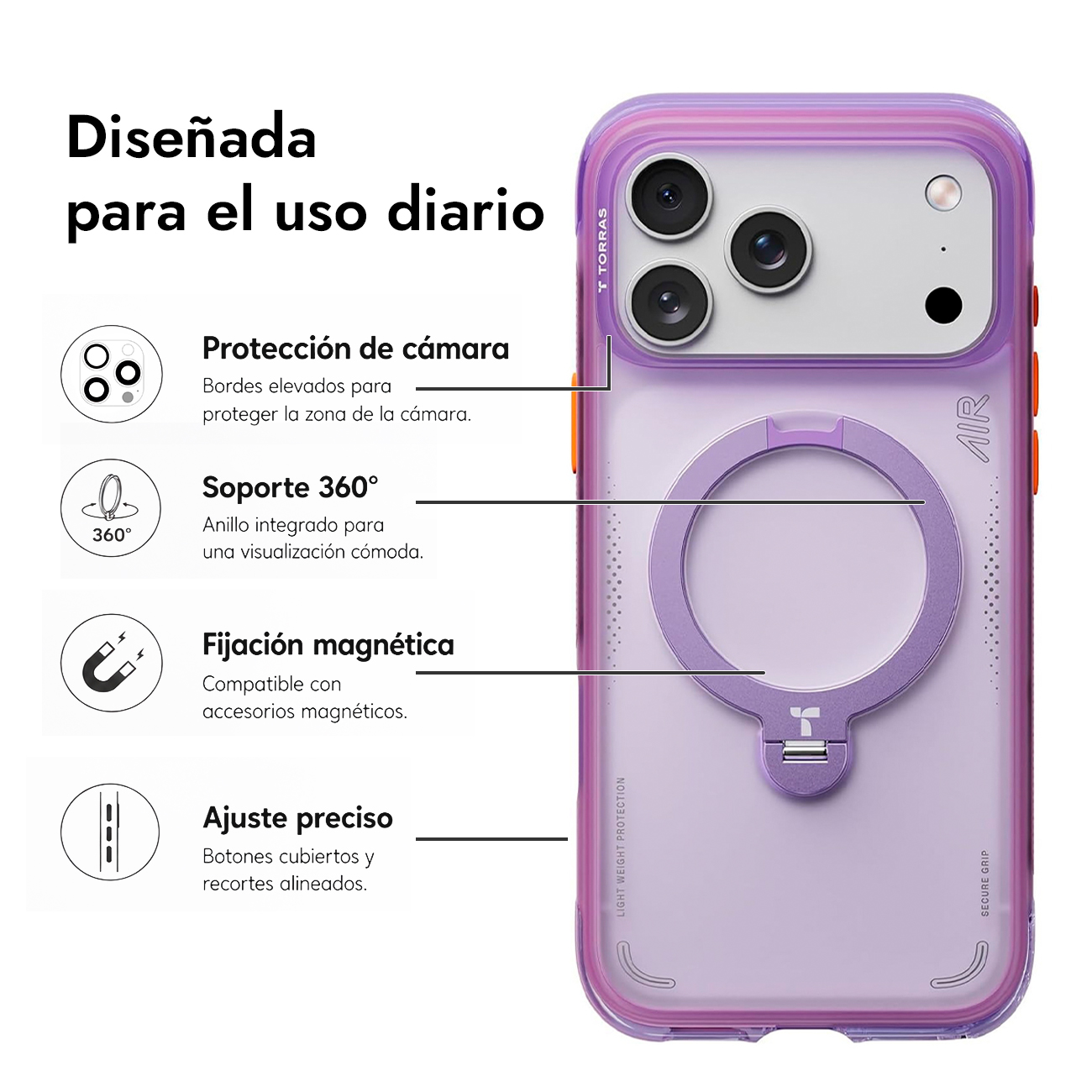 Funda morada para iPhone con protección de cámara, soporte 360°, fijación magnética.