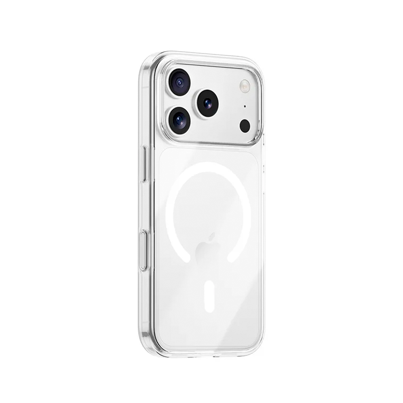 Funda transparente para teléfono con tres lentes de cámara y círculo con logo.
