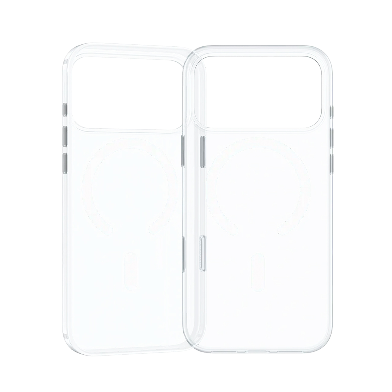 Dos fundas de teléfono transparentes una al lado de la otra, con recortes.