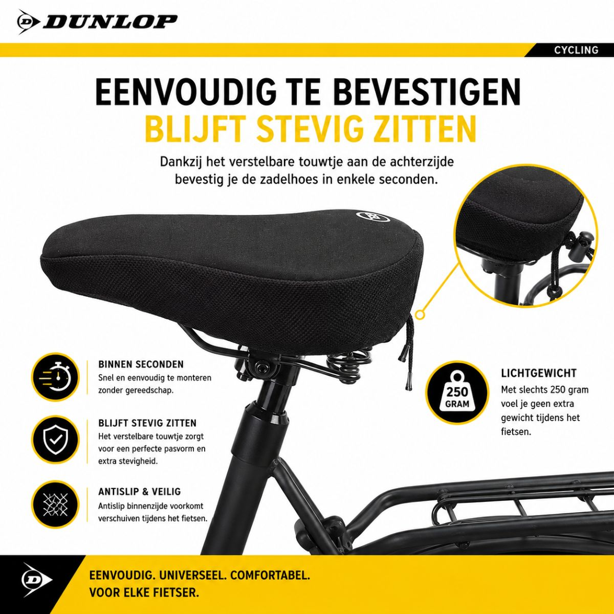 Zwarte Dunlop fietszadelhoes, makkelijk te bevestigen, blijft stevig, lichtgewicht.