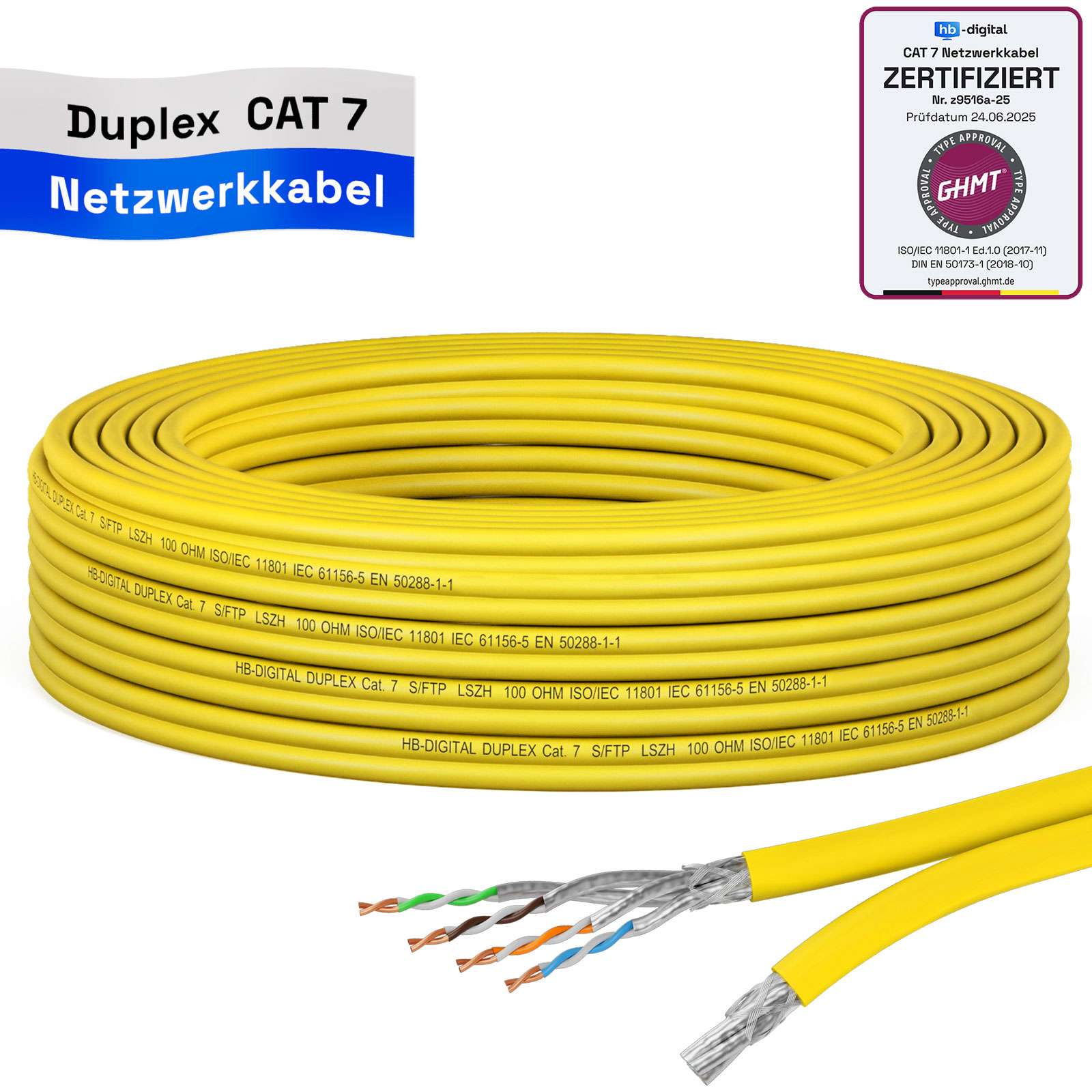 Ein aufgerollter gelber CAT 7 Netzwerk-Doppelkabelschlauch mit Zertifikat.