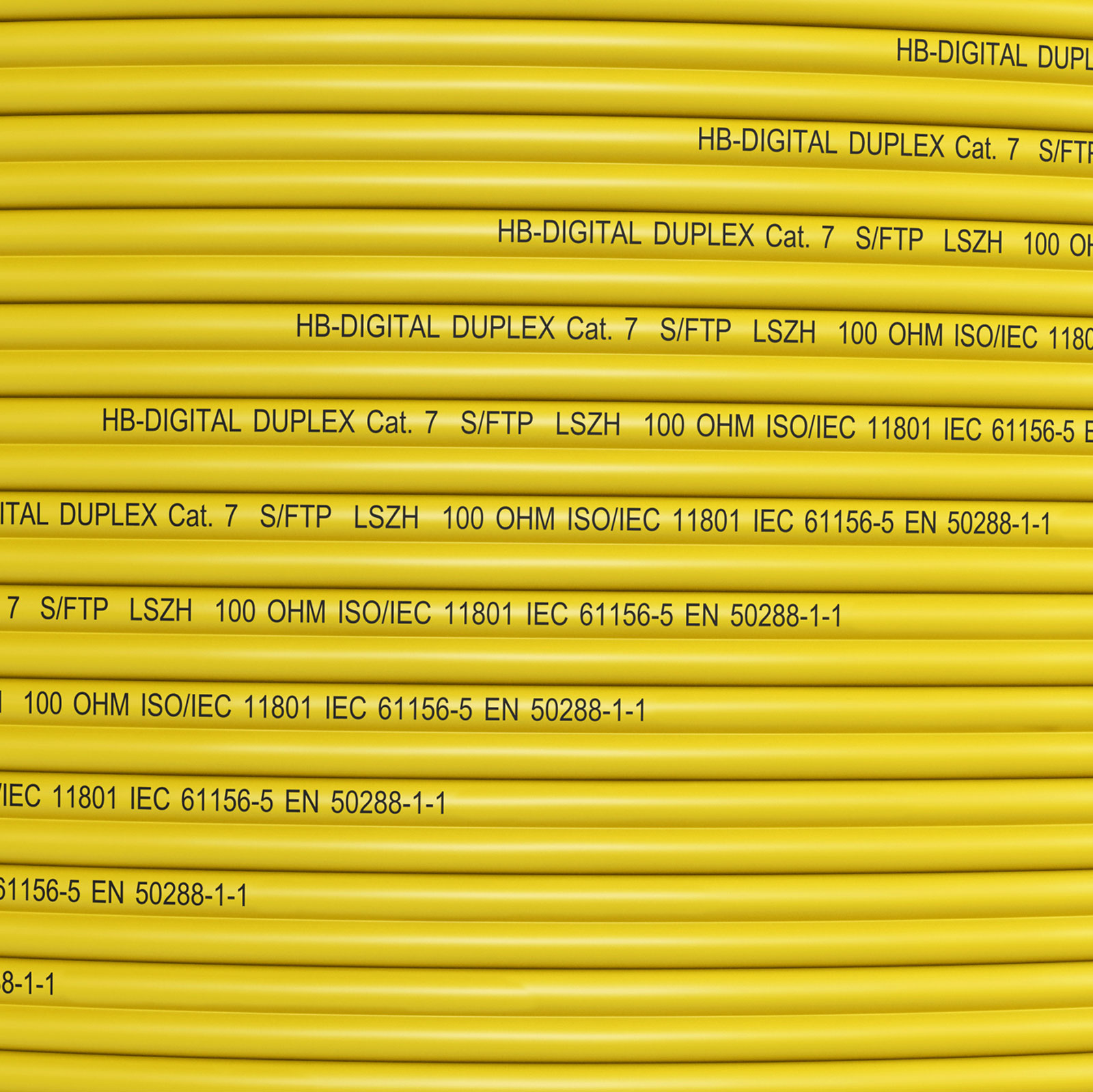Gelbe Kabel mit Aufdruck HB-DIGITAL DUPLEX Cat. 7 S/FTP LSZH 100 OHM.