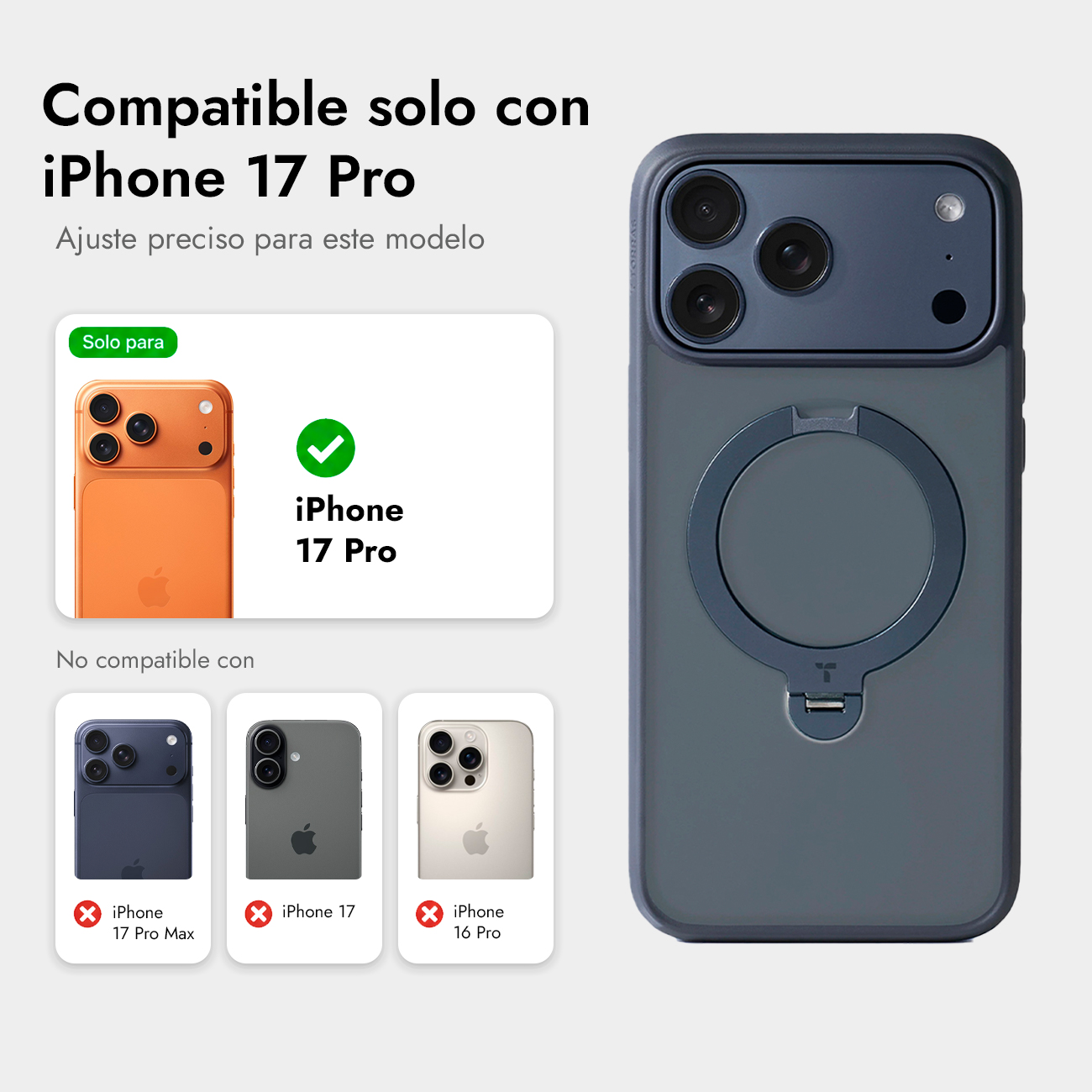Kompatibel nur mit iPhone 17 Pro. Zeigt iPhone 17 Pro und nicht kompatible Modelle.