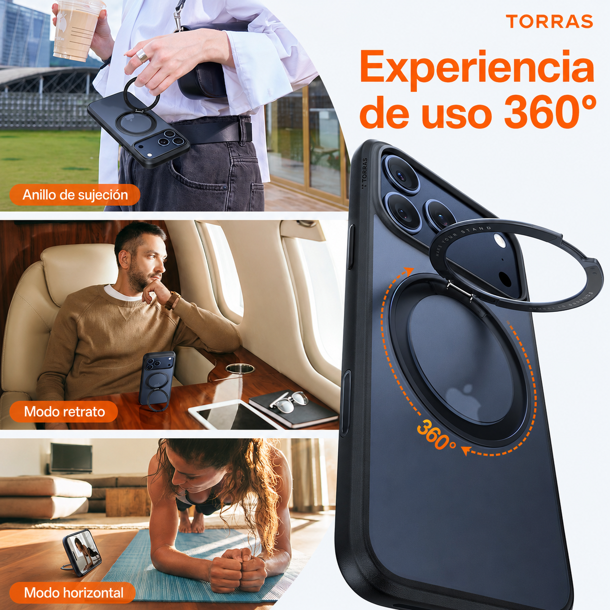 Mano sostiene teléfono con soporte de anillo; hombre en asiento de avión; mujer en esterilla.