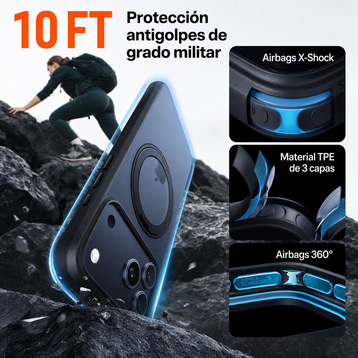 Funda de teléfono con protección anticaídas de 10 pies, airbags y TPE.