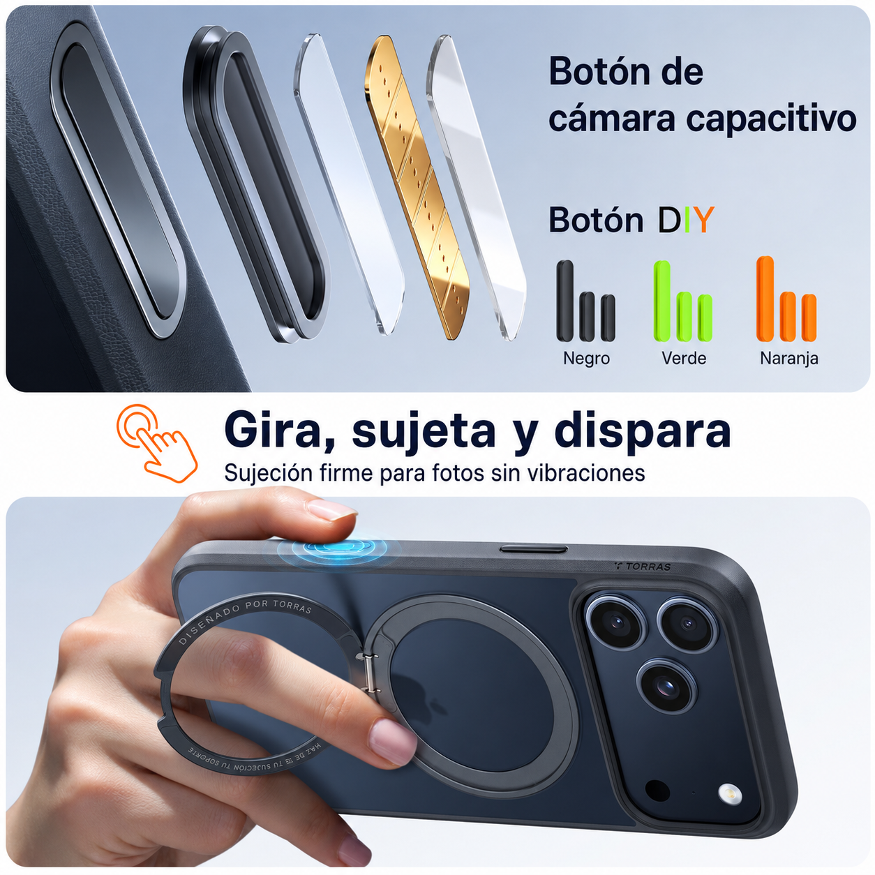 Funda de smartphone con anillo y info de cámara. Se muestran varios colores.