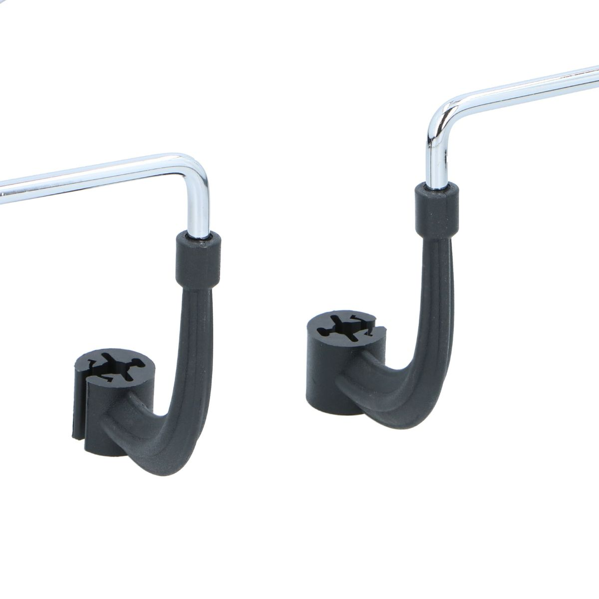 Twee zwarte houders met metalen armen op witte achtergrond.