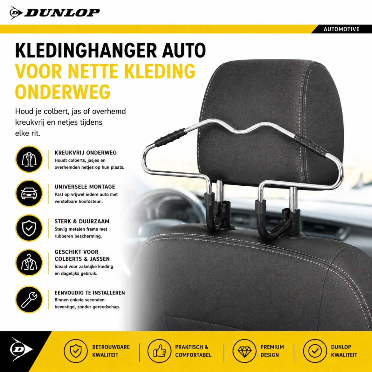 Autokledinghanger aan hoofdsteun om kleding kreukvrij te houden.