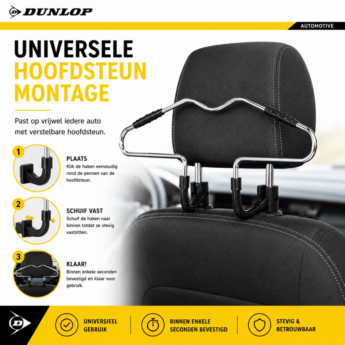 Een kledinghangerhouder wordt aan de hoofdsteunstijlen van een auto bevestigd.