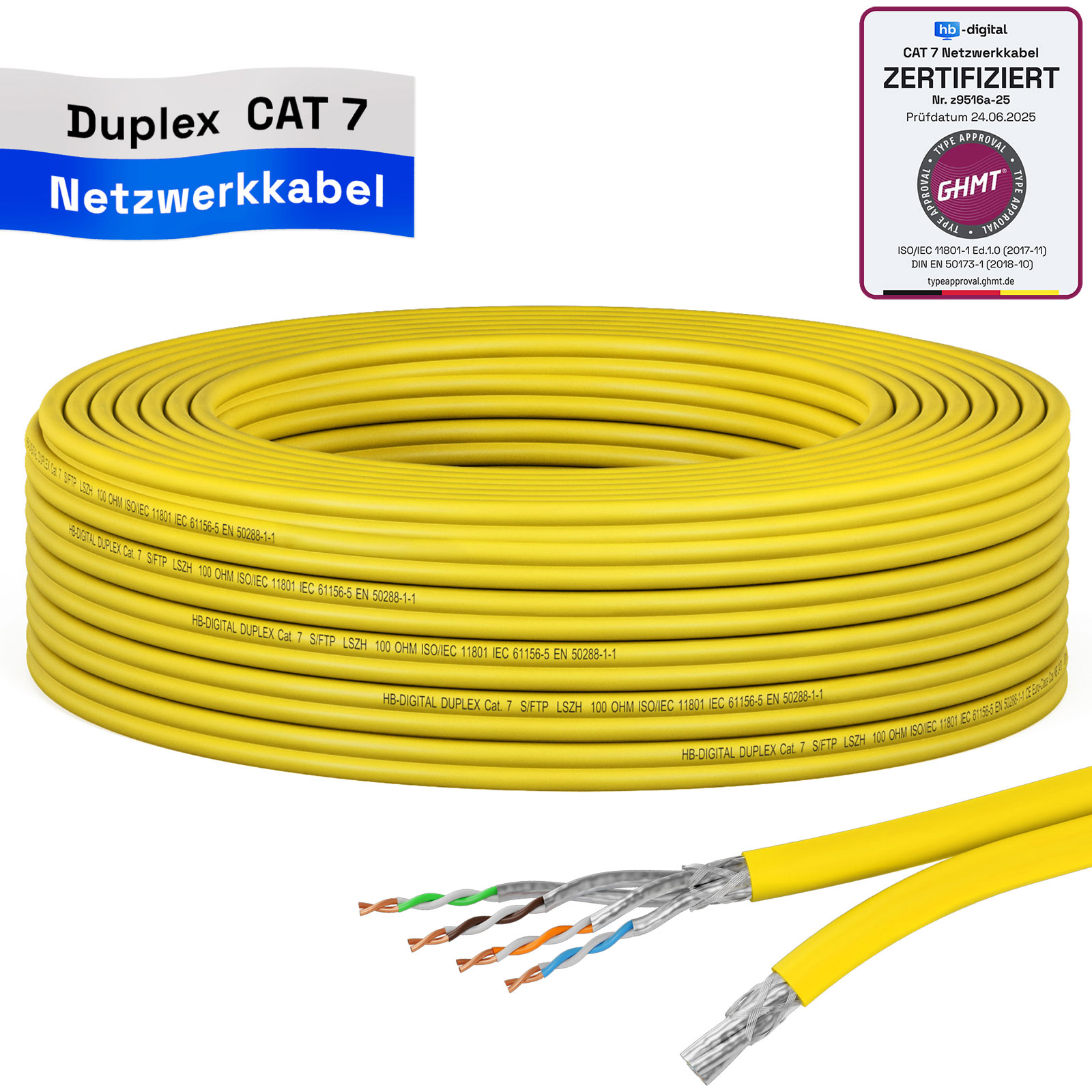 Ein aufgerollter gelber CAT 7 Netzwerkkabel mit Zertifizierungssiegel.