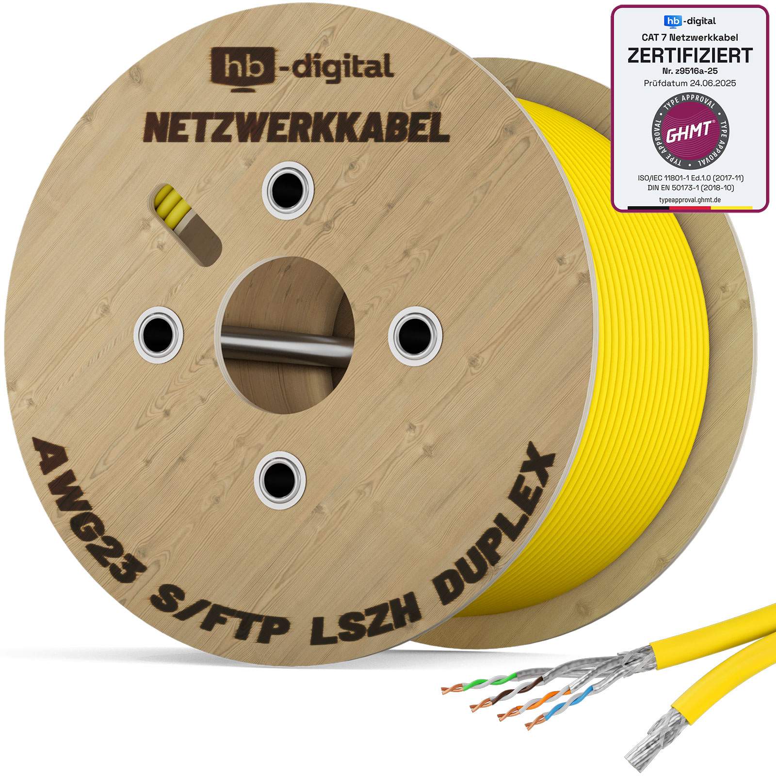 Ein Kabeltrommel mit gelbem Netzwerkkabel, beschriftet mit AWG23 S/FTP LSZH DUPLEX.